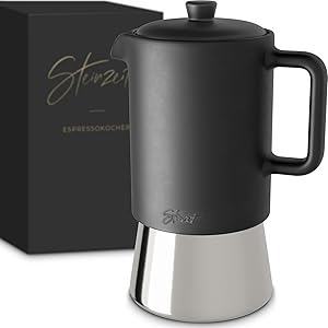 Steinzeit Cafetera espresso de diseño de cerámica (300 ml) – Cafetera de inducción apta para todo tipo de fuegos – Cafetera moka con base de acero inoxidable y jarra de cerámica