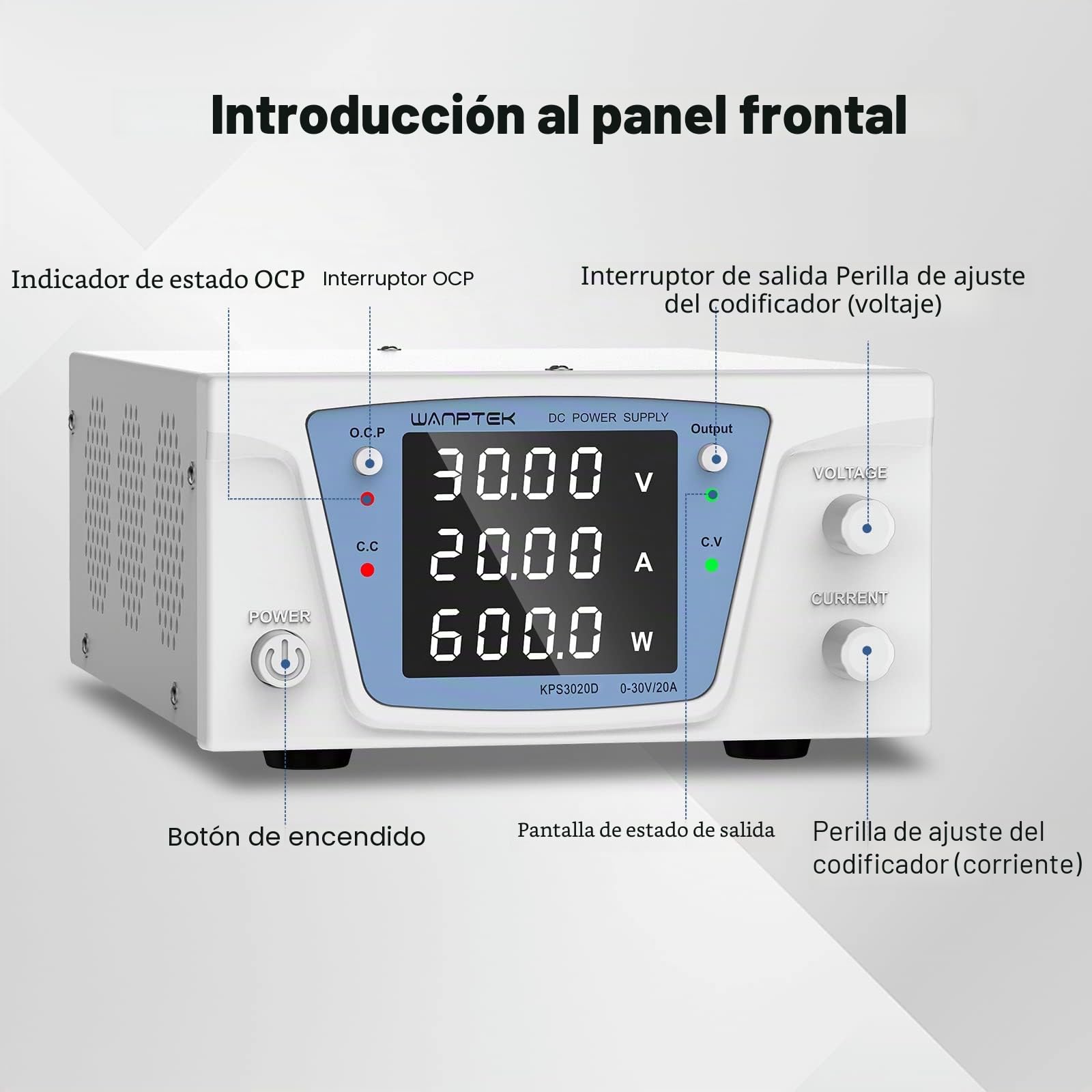 Fuente de alimentación Regulable CC 0-30V/0-20A,Fuente de alimentación Laboratorio con botón Output, Pantalla Digital LED de 4 dígitos con Alta precisión,Ajuste de codificador