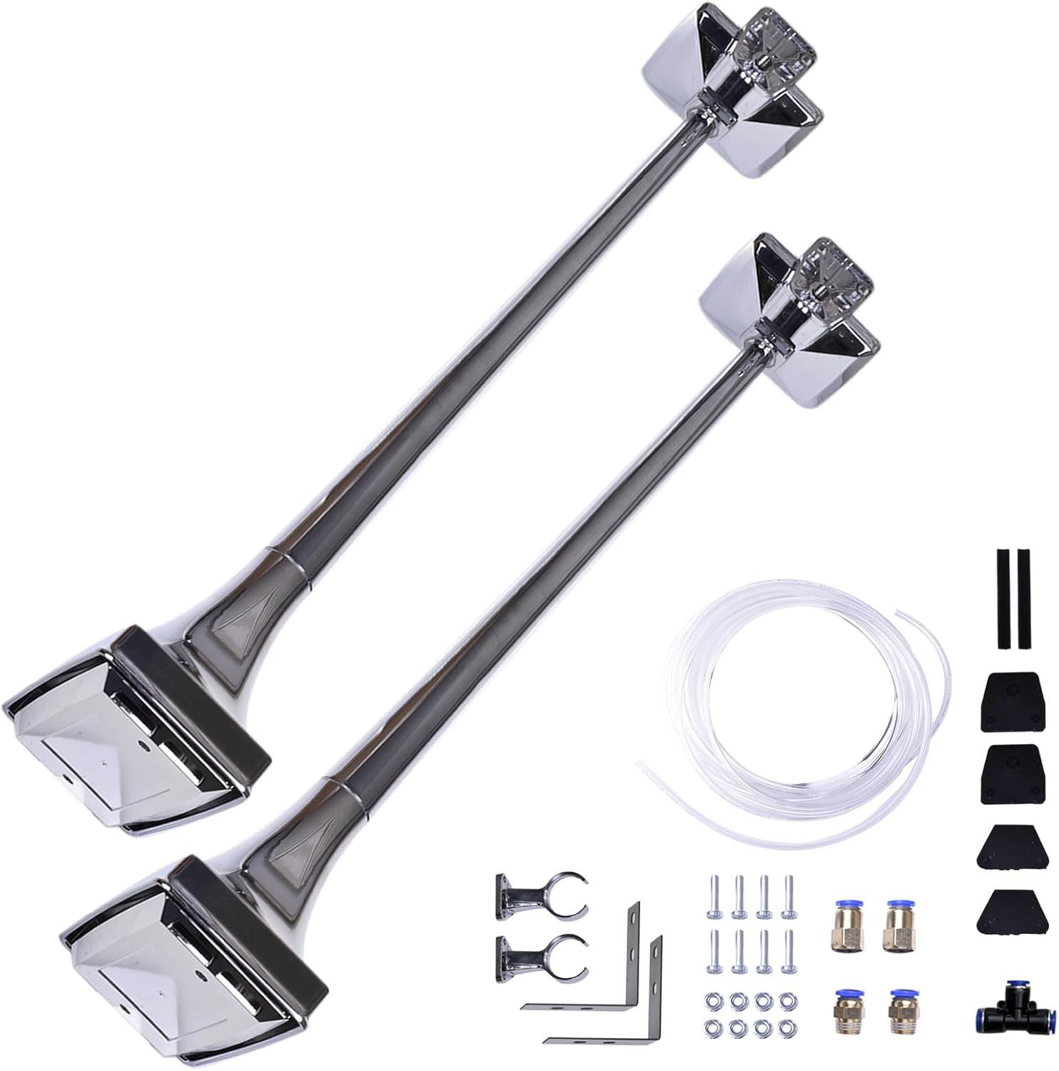 Pair Chrome Roof Mount Low Tone Air Horn & Base Mount - Compatible with Peterbilt, Kenworth, Mack, Ford