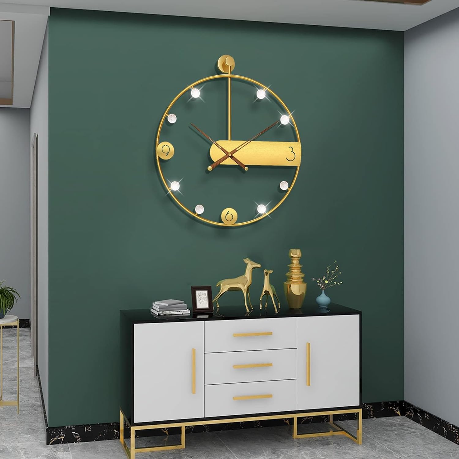 Large Gold Wall Clock for Living Room Decor, 20 Inch Big Round Metal Decorative Wall Clock Battery Operated Non Ticking for Kitchen Office Bedroom Silent Crystal Minimalist Clock for Home