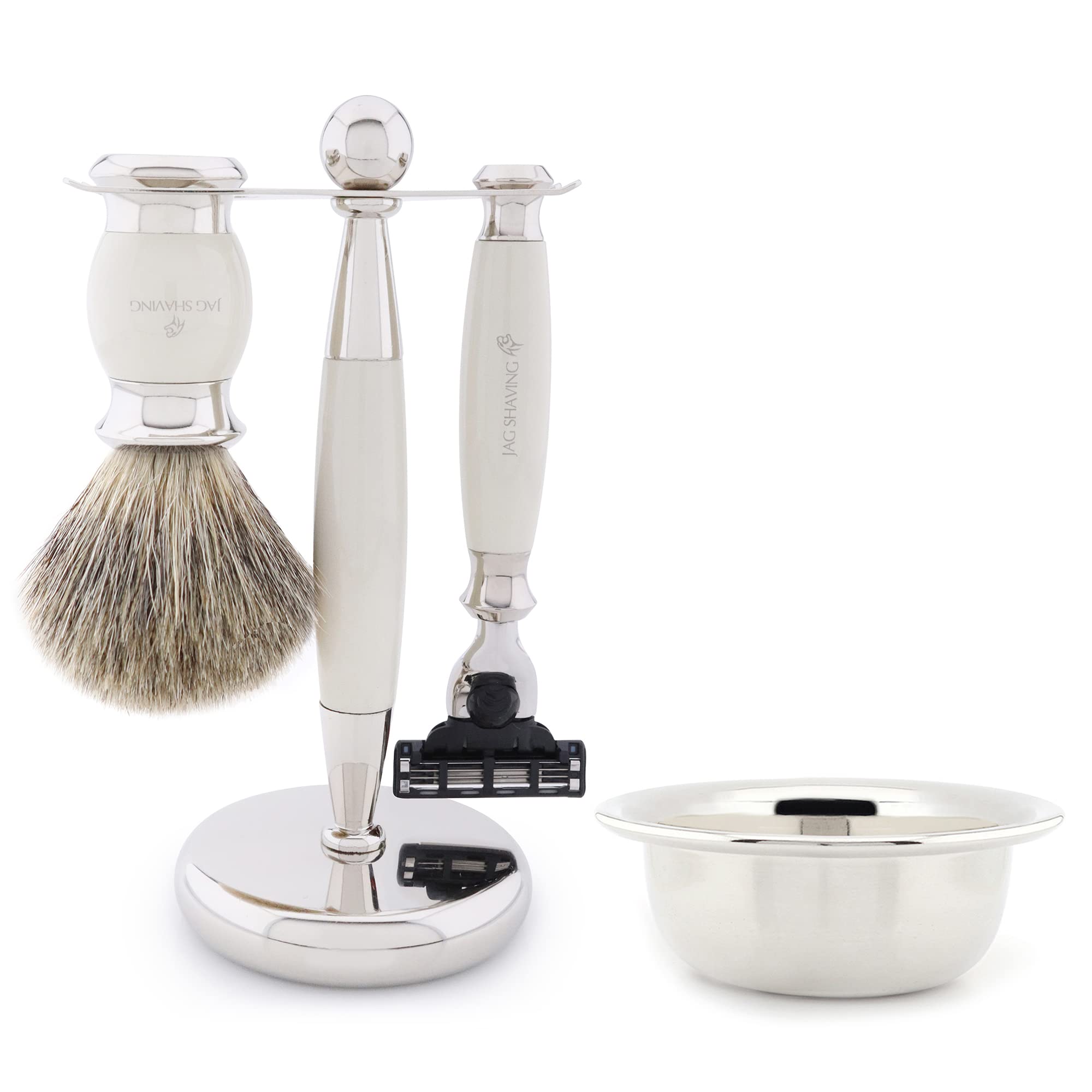 Jag Shaving Zestaw do golenia – 4-częściowy zestaw do golenia – JAG's LEE Range – pędzel do golenia z włosia borsuczego – 3 krawędzie ostrza do golenia – miseczka do golenia – stojak do golenia – zestaw upominkowy w kolorze kości słoniowej