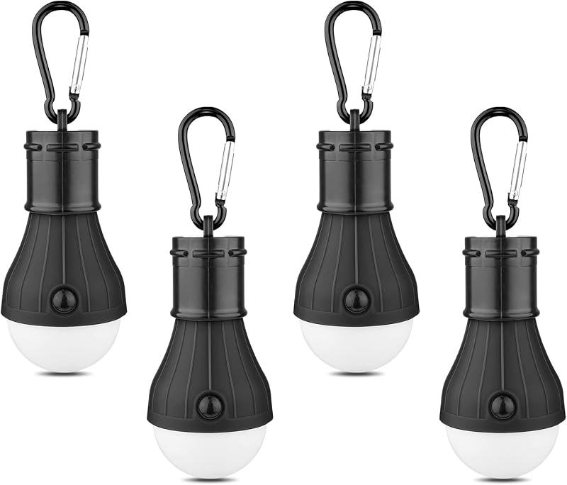 LED Camping Tent Lantern, Portable Outdoor Waterproof Emergency Light Bulb | Battery Powered with Clip Hook, Super Bright, for Hiking, Party，Camping, Fishing, Power Failure (4 Packs, Black )