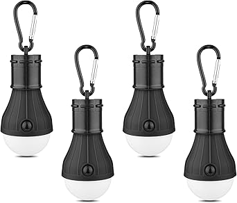 LED Camping Tent Lantern, Portable Outdoor Waterproof Emergency Light Bulb, Battery Powered with Clip Hook, Super Bright, for Hiking, Party,Camping, Fishing, Power Failure 4 Packs, Black