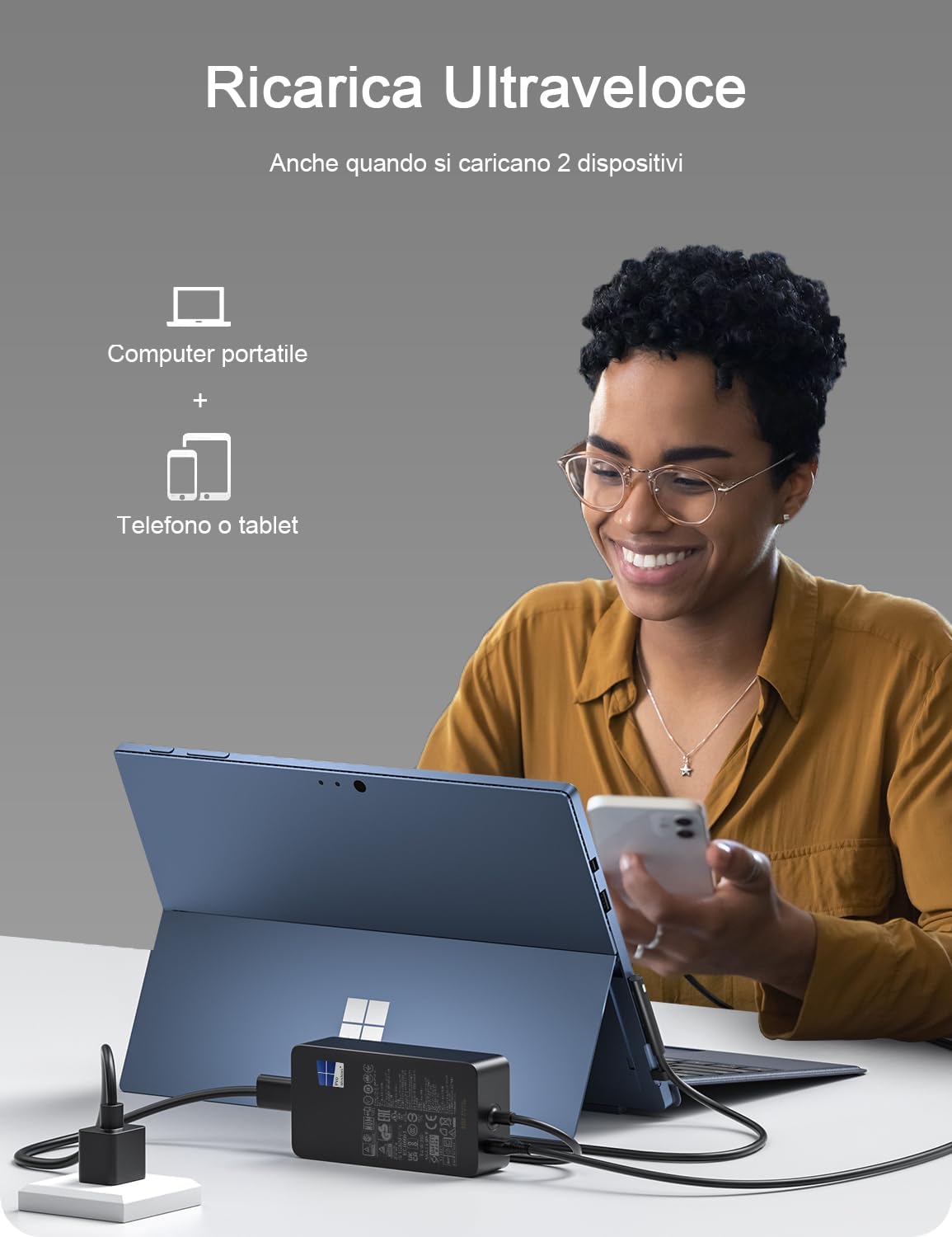 Alimentatore Microsoft Surface,65W caricatore per Surface Pro 3/4/5/6/7+/8/9/X, Surface Laptop 1/2/3/4/5, Surface Go/Go2/Go3, Surface Laptop Go 1/2/3, Surface Book 1/2/3, Surface Laptop Studio