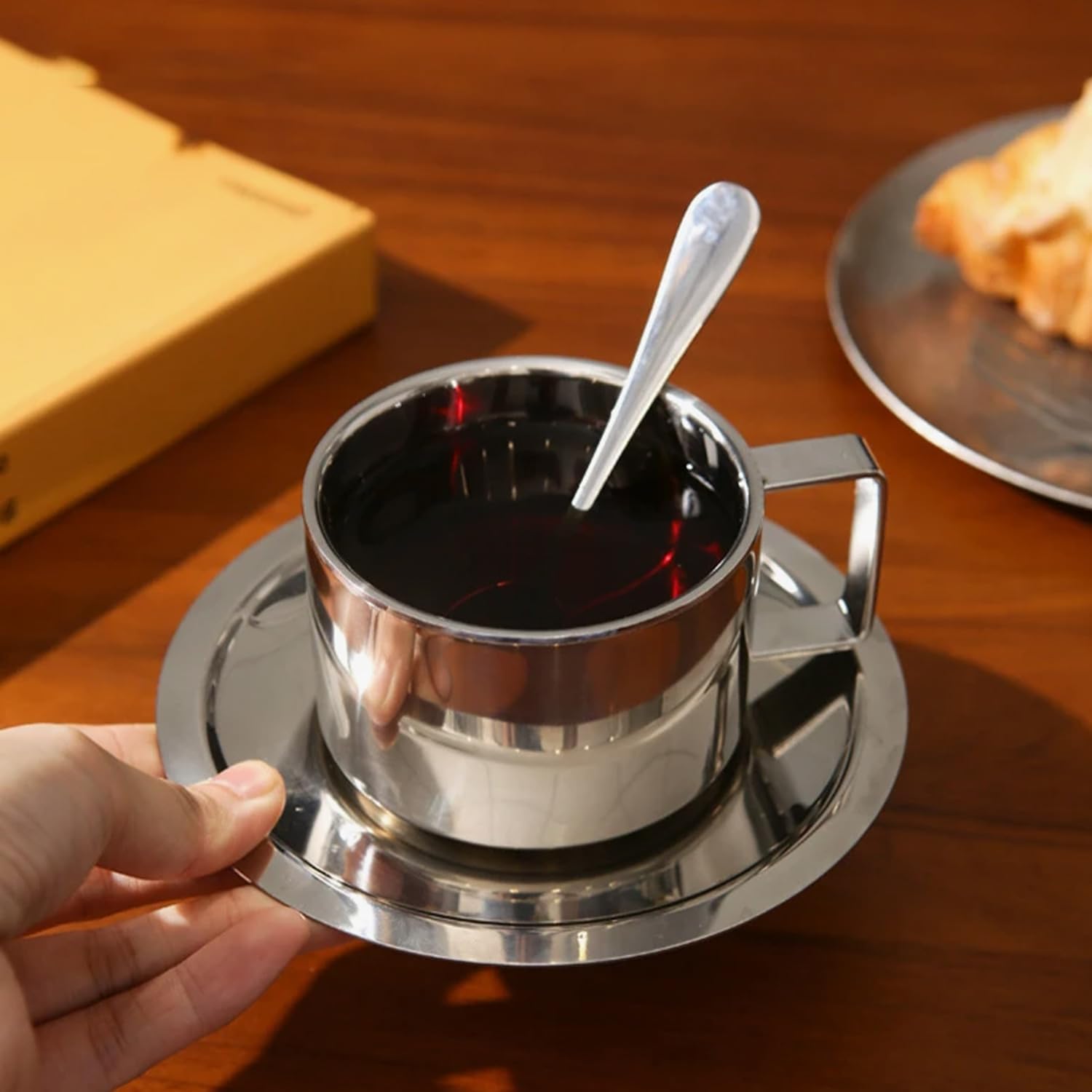 Stainless Steel Coffee Cup Set, 200ml/7oz Insulated Coffee Cup Set Double Walled Mugs Milk Tea With Spoon Saucer for Coffee Latte Tea Milk