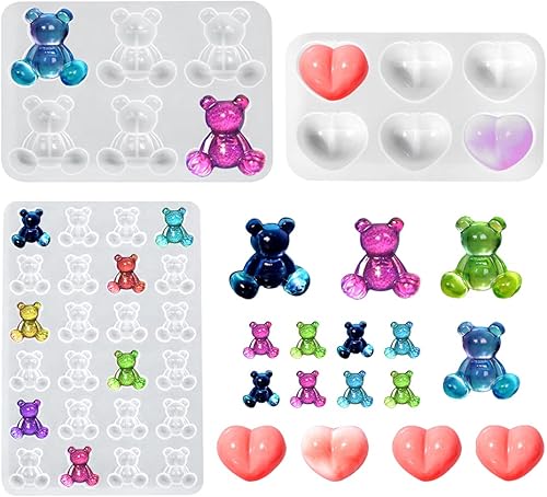 3 moldes de resina de oso, moldes de silicona de corazón, moldes de resina epoxi para joyería pequeña, molde de fundición de dije de cristal para