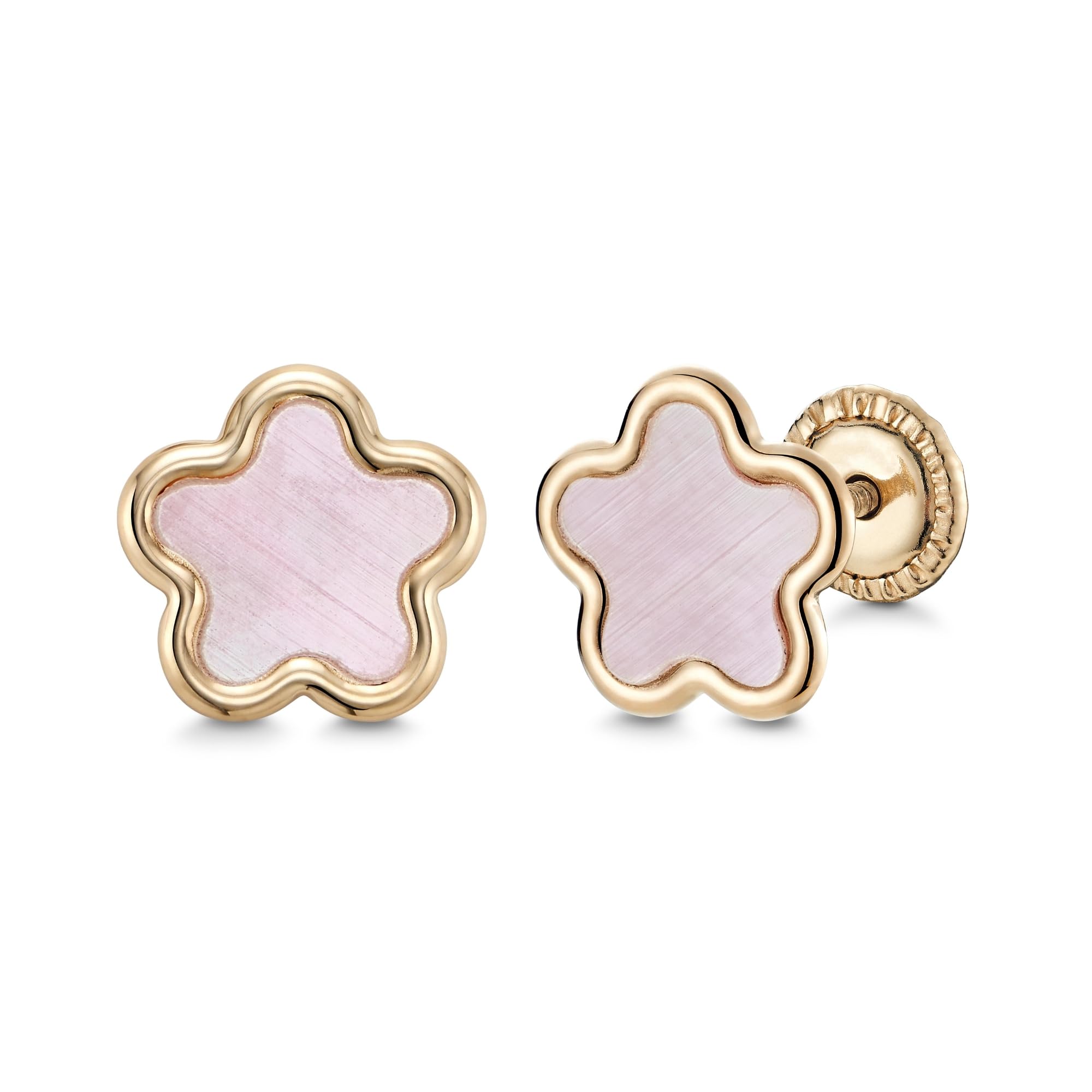 14k Yellow Gold Flower Stud Earrings with Pink Mother of Pearl - Covered Screwback Closure for Women and Girls