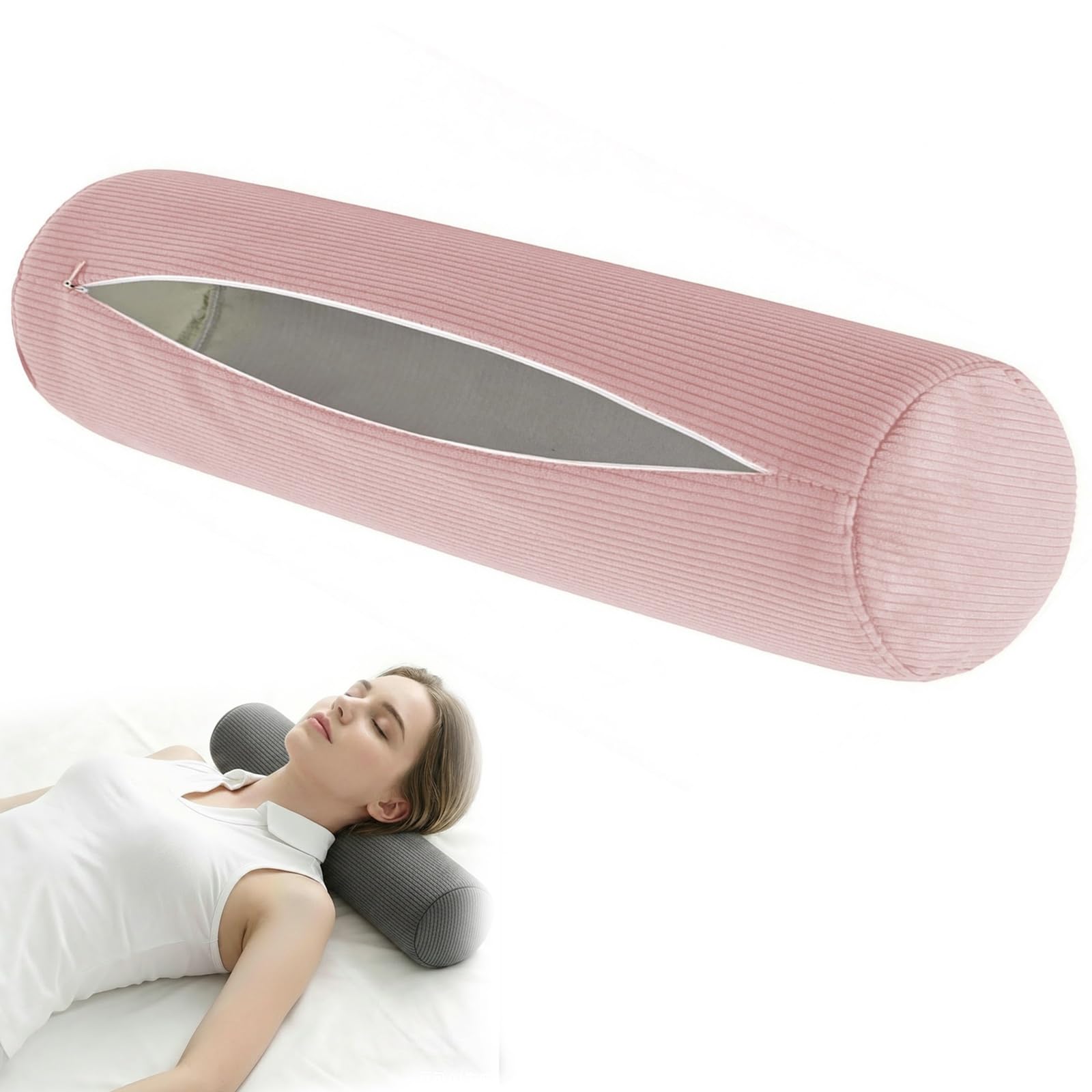 moismk Round Bolster Pillow Covers with Zipper, Striped Corduroy Breathable Washable Cylindrical Neck Pillow Cases for Home Decor, Cervical Neck Roll Pillowcase Only(Pink,120x20cm)
