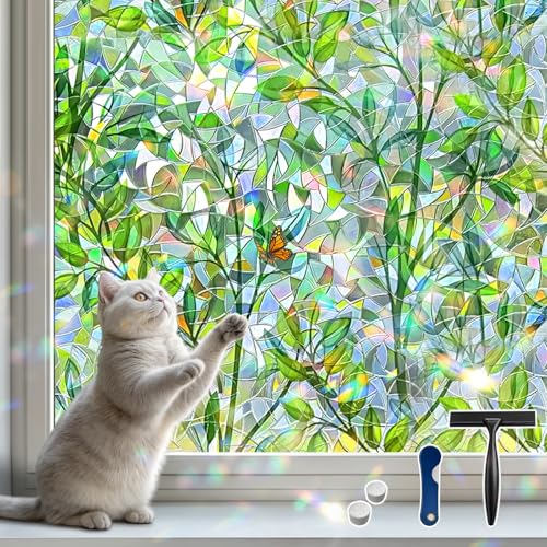 DIFIT Pellicola Per Vetri Finestre Privacy con Motivo Foglie Verdi, Elettrostatica Senza Colla,Protezione UV, Effetto Arcobaleno, Pellicola Oscurante Vetri Finestre per Ufficio, Famiglia, 44.3 x 200cm