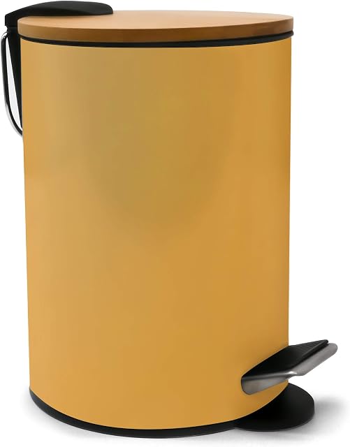 300Essentials Bathroom Bin Pedal Bin with Stylish Design, Soft Close Bamboo Lid & Carry Handle Removable Inner Small Bin Anti-Fingerprint Matte Yellow Finish, 3L, 17cm x H. 24cm
