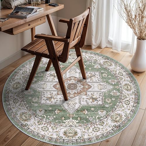 RUUGME Washable 4round Area Rugs - Boho Rugs for Living Room Stain Resistant Carpet Vintage Tribal Rugs for Bedroom Kitchen Bathroom with Non Slip Backing Home Decor Floor Decoration Mat 4ft Sage