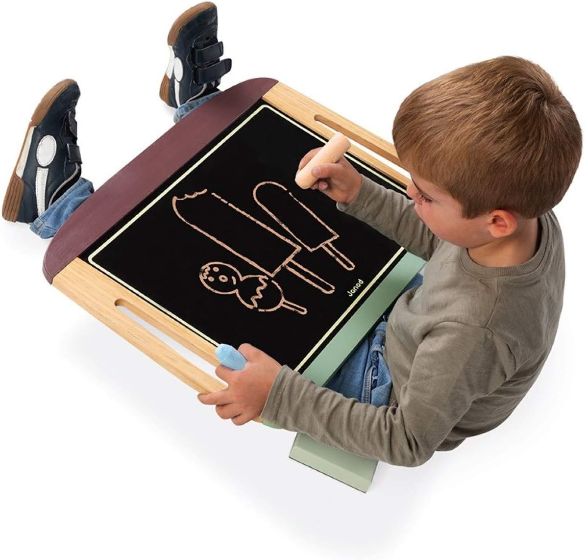 Janod - Wooden Blackboard Table - Big Double Sided Board, Black Slate and Magnetic White Slate - Anti-Slip Base - 2 Large Chalks + 1 Dry Erase Marker + 1 Brush - from 3 Years Old, J09631