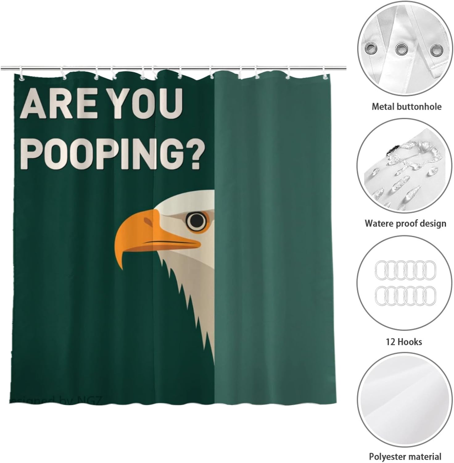 NGZ are You Pooping Eagle Shower Curatin, Funny Eagle Shower Curtain, Green Shower Curtain Set with 12 Hooks for Bathroom Decor, 72x72