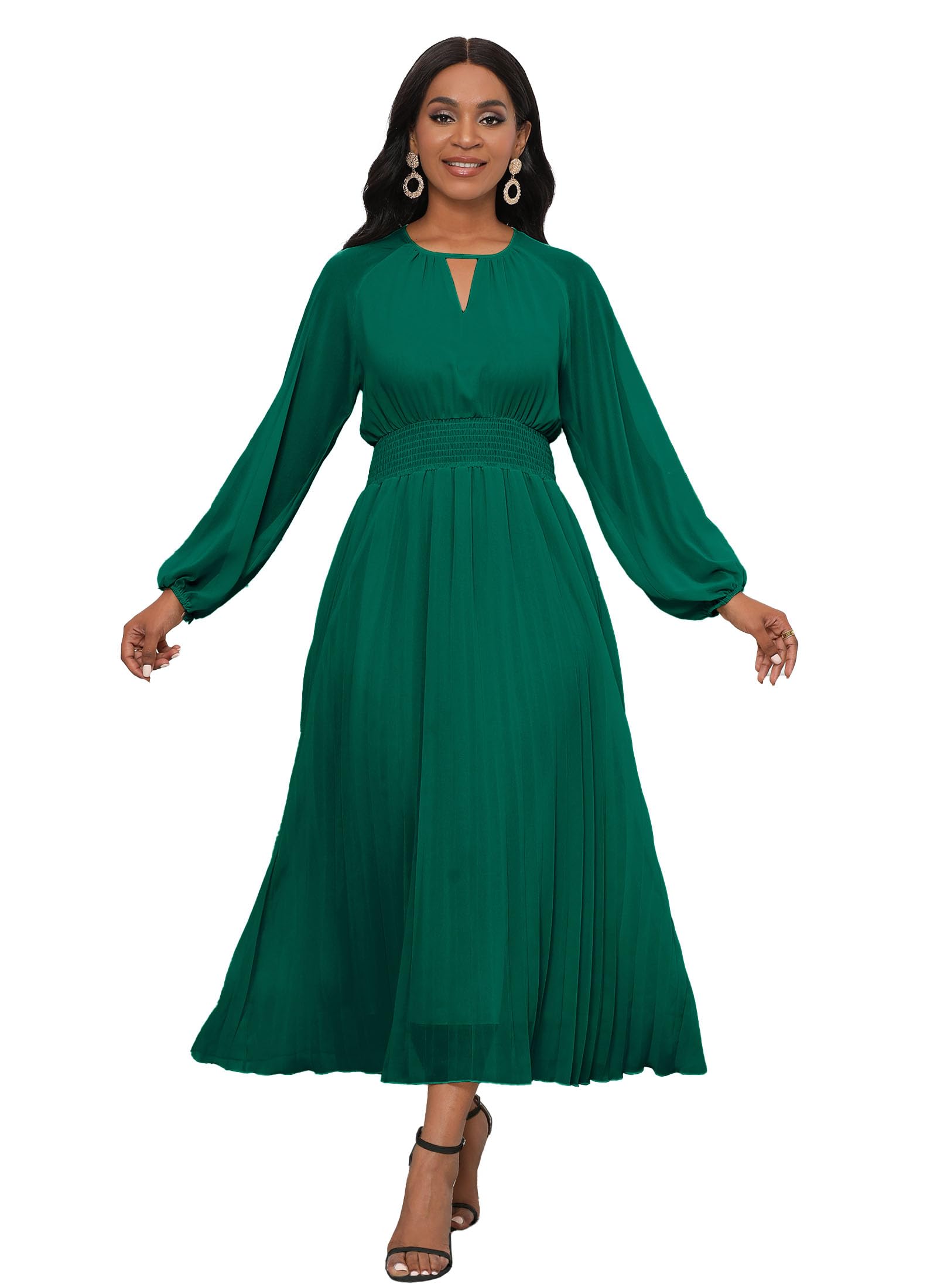 Chiffon Dresses for Women Long Sleeve Round Neck Maxi Dress Elastic Waist Pleated A Line Flowy Dress