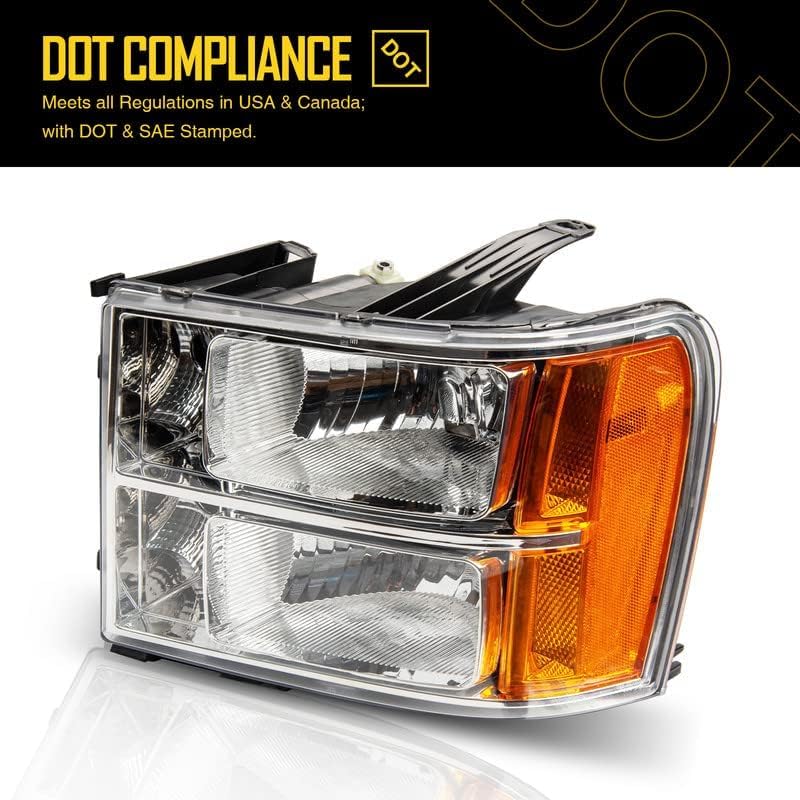 KAC Headlight Assembly Chrome + Amber Replacement for 07-13 Sierra 1500, 07-14 Sierra 2500 HD/3500 HD, 07 Sierra 2500 HD Classic/3500 Classic