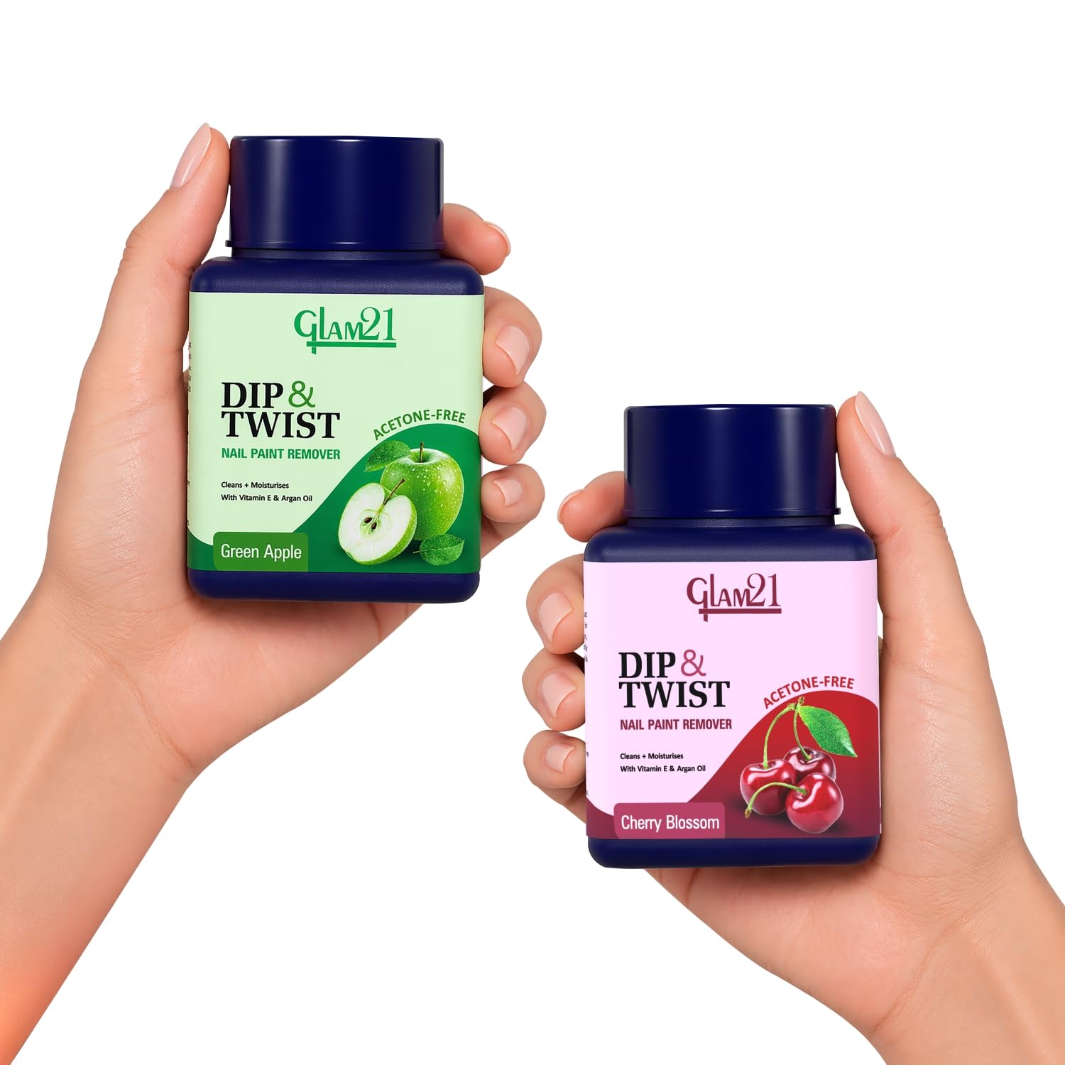 Glam21 Dip & Twist Nail Polish Remover – Acetone-Free, Argan Oil & Vitamin E Infused, Quick Twist-Off Cleaner with Soft Sponge for Nourished, Healthy Nails | 80ml Each | Pack Of 2 (Green Apple&Cherry Blossom)-image-17