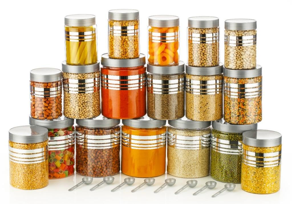 Anshri Plastic Printed Silver Line Airtight Jar Container Set Transparent Masala Box For Kitchen Organizer Storage Jar For Spice,Pack of 24 (6 Pcs of Each 250ml, 350ml, 650ml, 1200ml with 24 Spoons) 3