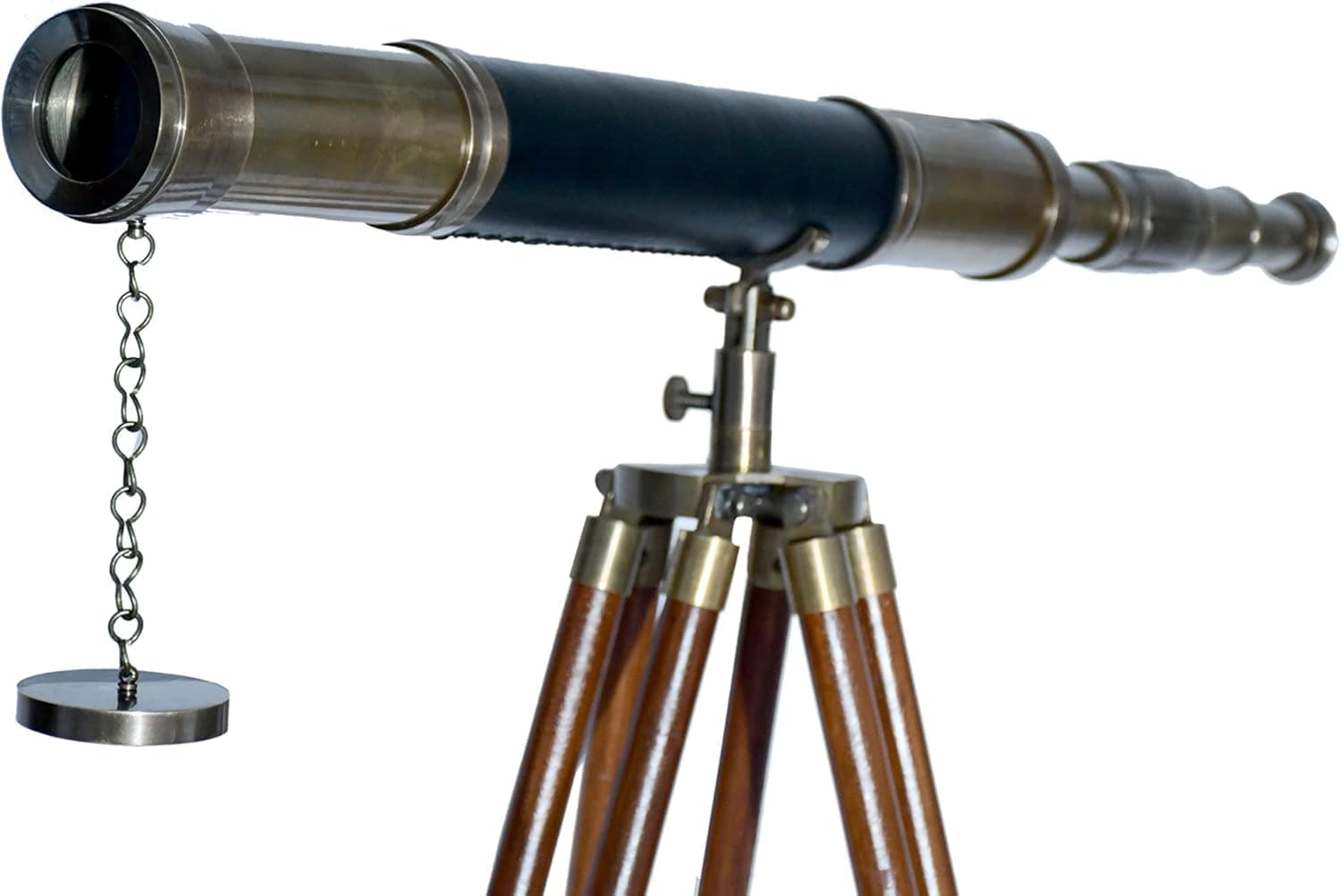 The Vintage Venue Vintage Brass Telescope – 27" Black Leather Spyglass on 47" Floor Standing Wooden Tripod – Antique Finish Nautical Decor with 42X Magnification – Home & Office Display
