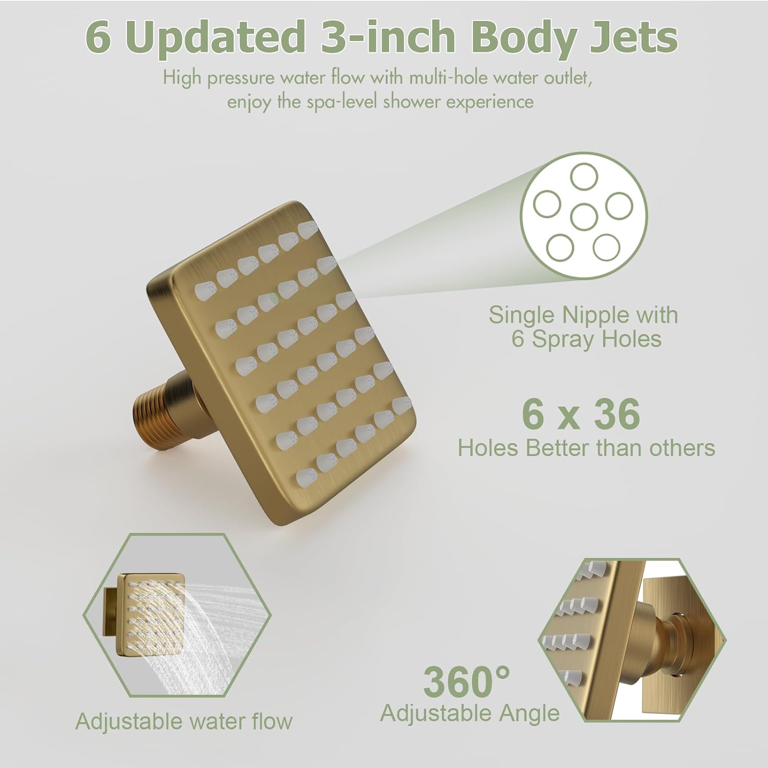 STARBATH Shower Body Spray Jets,3 inch Shower Body Jet Brass Square Brushed Gold Body Jet Sprays 36 Silicone Spray Heads and 216 Spout Holes NPT 1/2"-4PCS