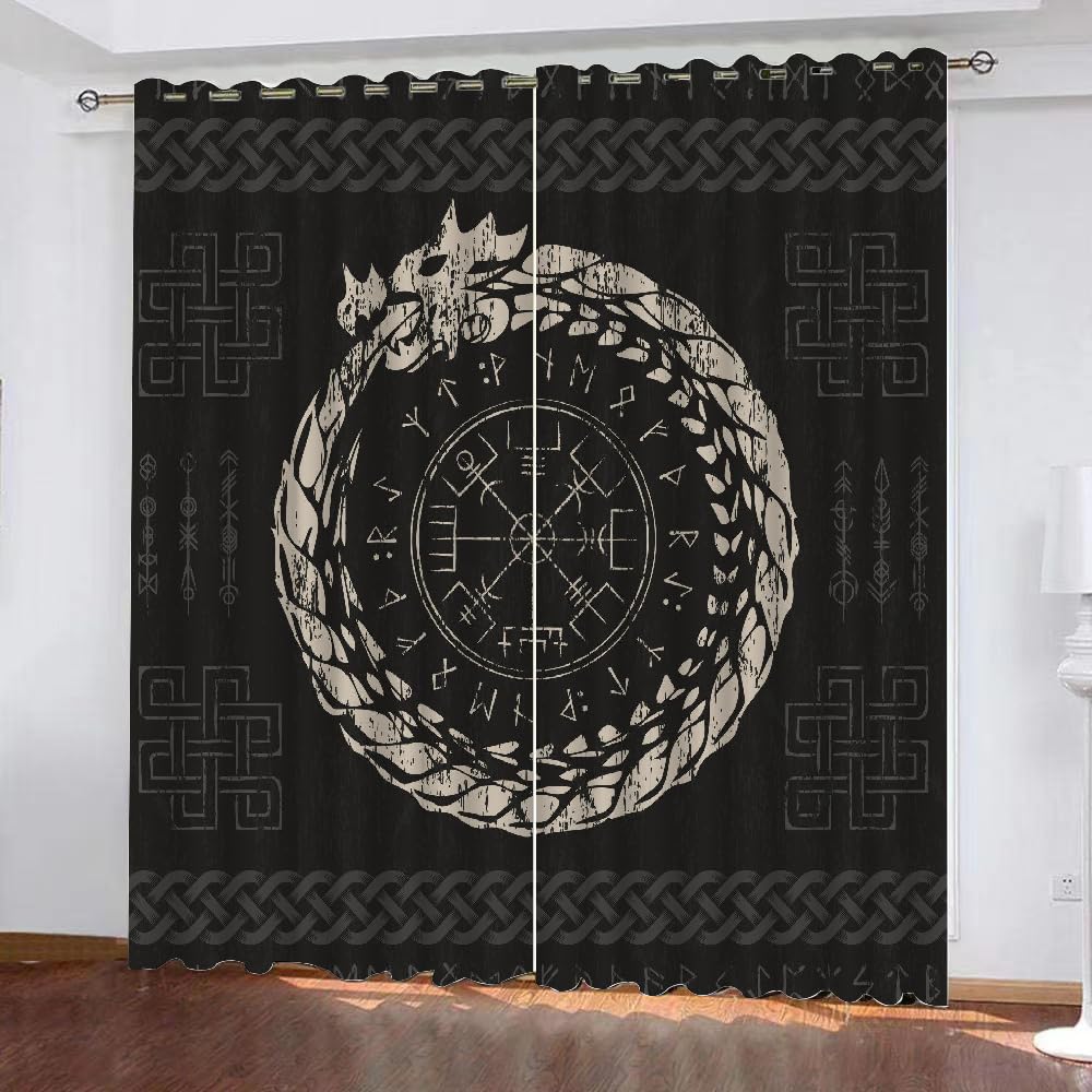 Rideaux Viking Runes Rideau 2 Pièces Isolant Thermique Anti Froid Polyester Anti Bruit Grande Largeur Rideau Mythologie Odin Opaque Salon Maison Décoration Rideaux （150x166 cm ）