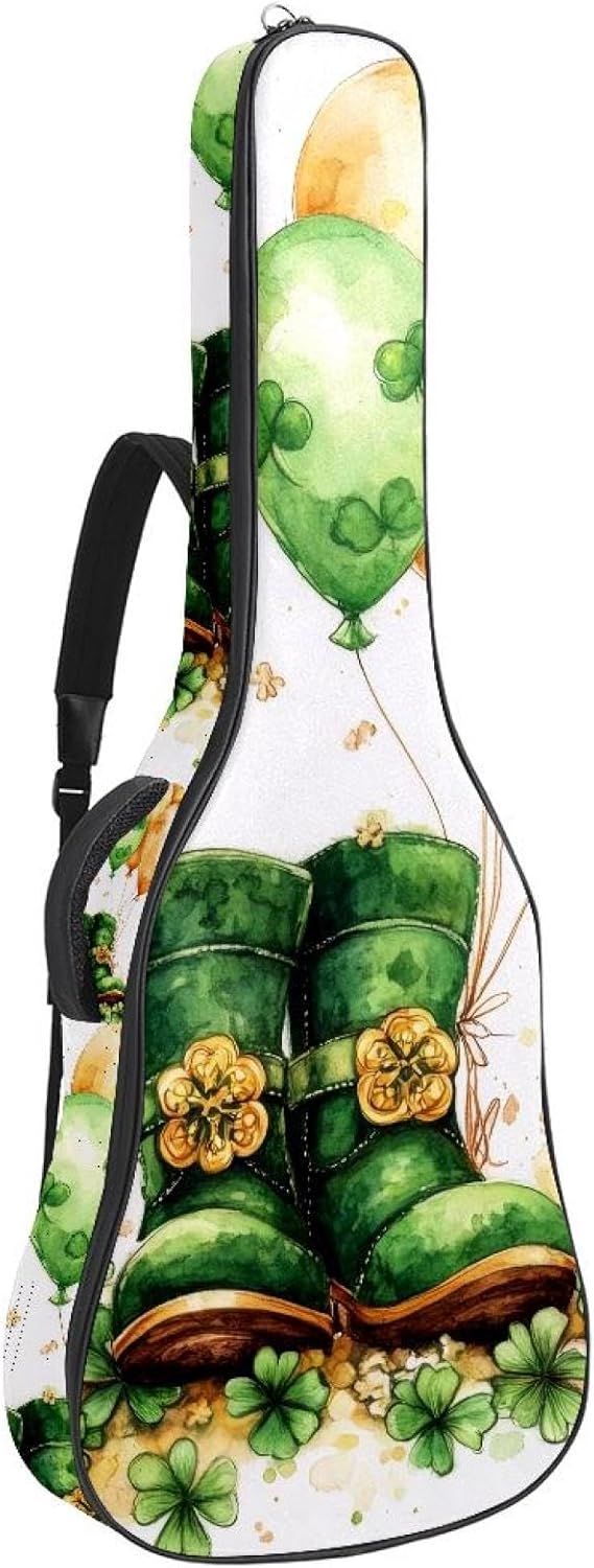 St. Patrick's Day Horseshoe Clover and Balloons Acoustic Guitar Gig Bag, 1 cm Thick Padding Waterproof Guitar Bag Backpack for 40 41 42 Inch Electric Bass Classical Guitars