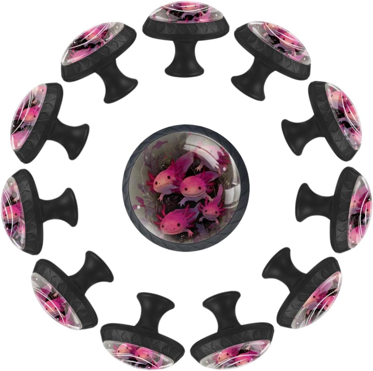 Black Pink Axolotls (3) Printed Drawer Pulls, Sturdy Cabinet Knobs for Bedroom Furniture and Closet