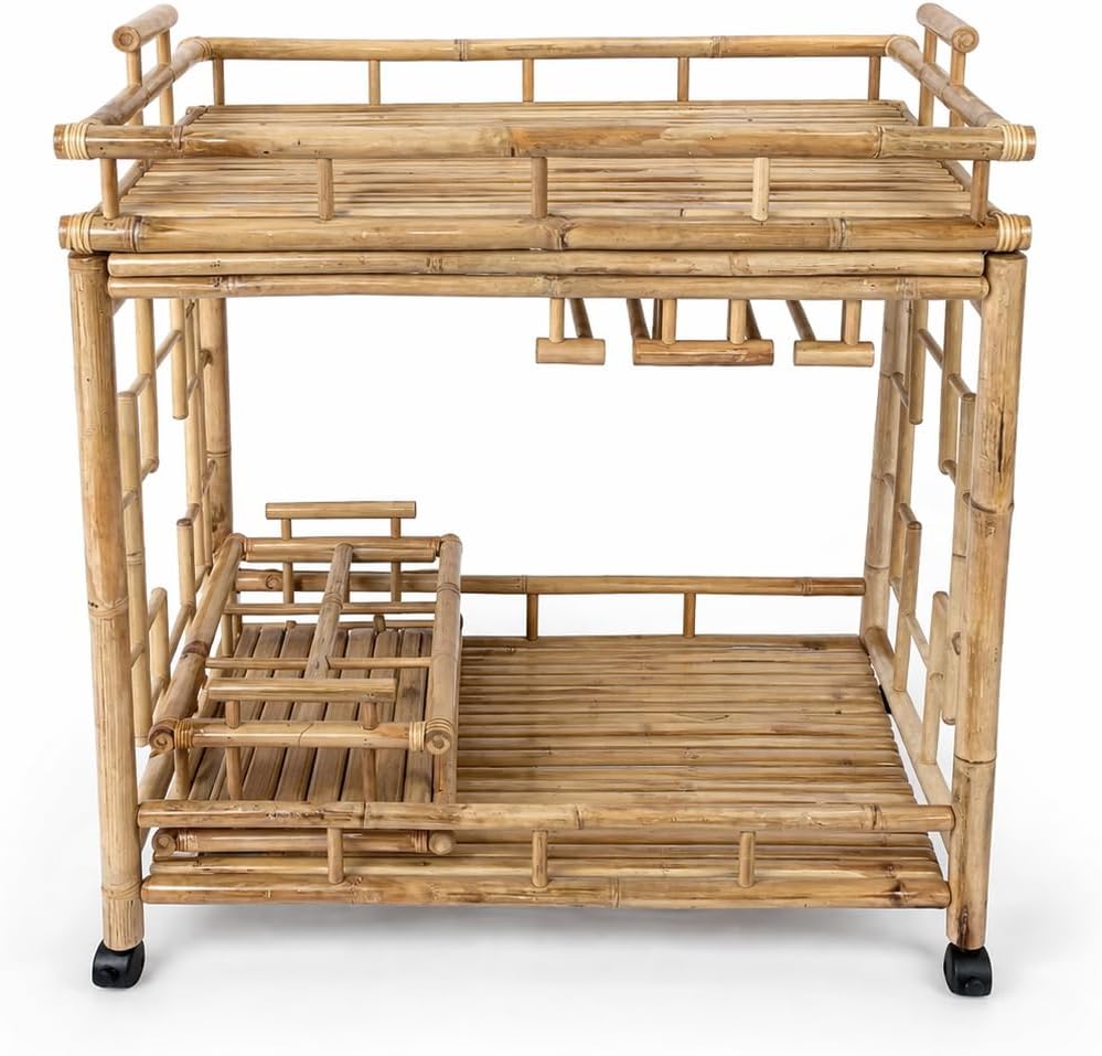 Statra Wheeled Serving Cart Wine Rack Rolling Island Trolley Catering Buffet Utility Kitchen Bottle Holder Bamboo 2-Tier, Espresso