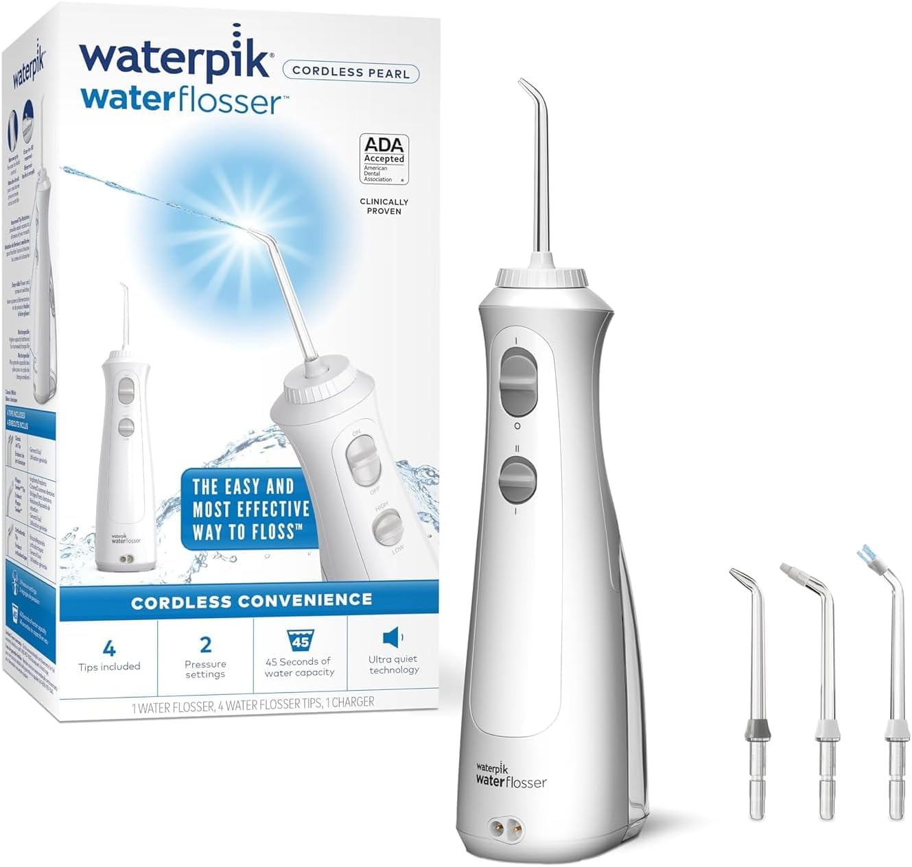 Waterpik Cordless Pearl Water Flosser, Electric Dental Flosser, Rechargeable Dental Plaque Removal Tool, Clean Between Teeth, Oral Irrigator, Ideal for Travel or Small Bathrooms, White, WF-13UK
