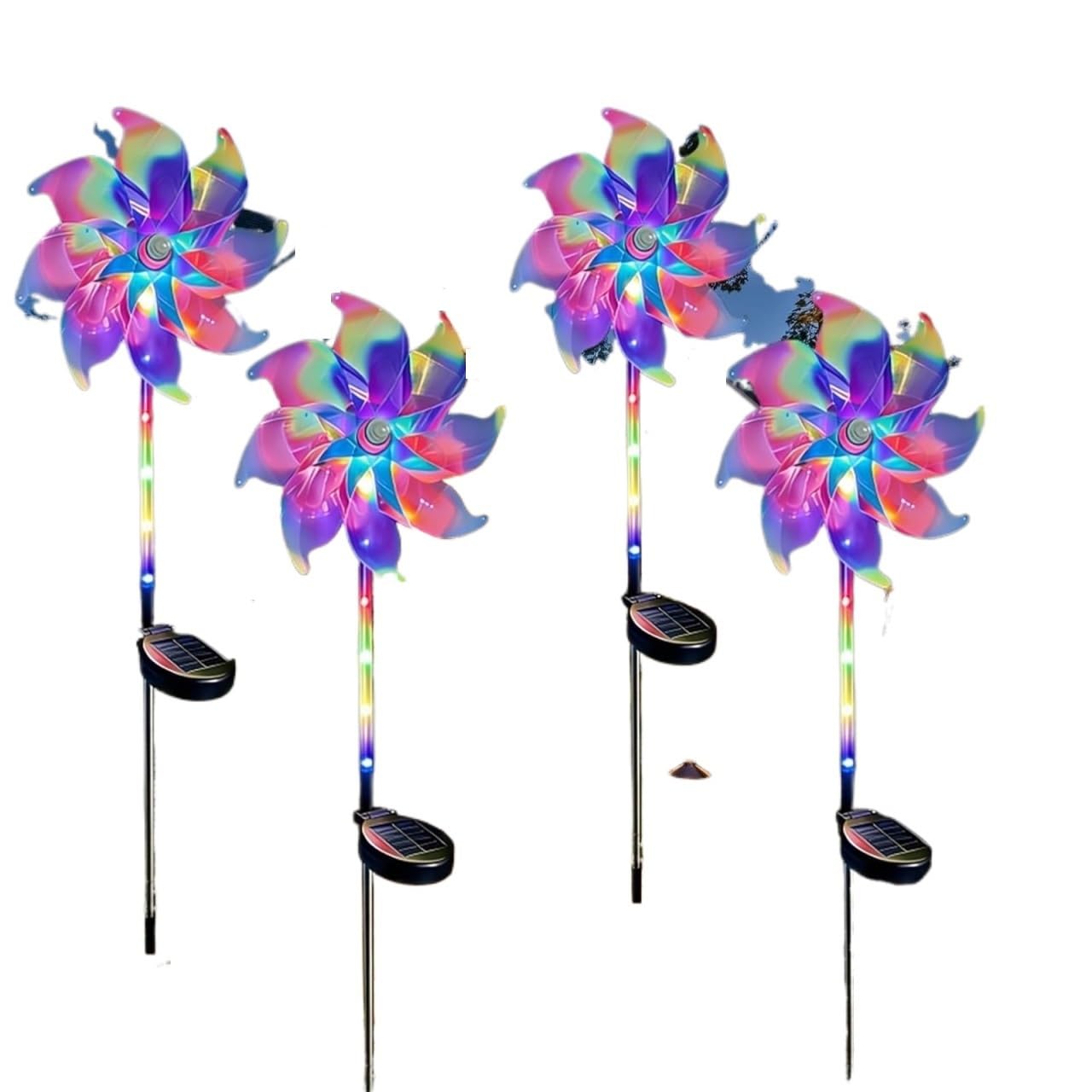 4PCS For Pathway, Lawn & Patio Magical Holographic Rainbow Solar Pinwheel Lights Color Changing LED Windmill Garden Stake Waterproof Outdoor Kinetic Yard Decoro For Multiple Hard Floors