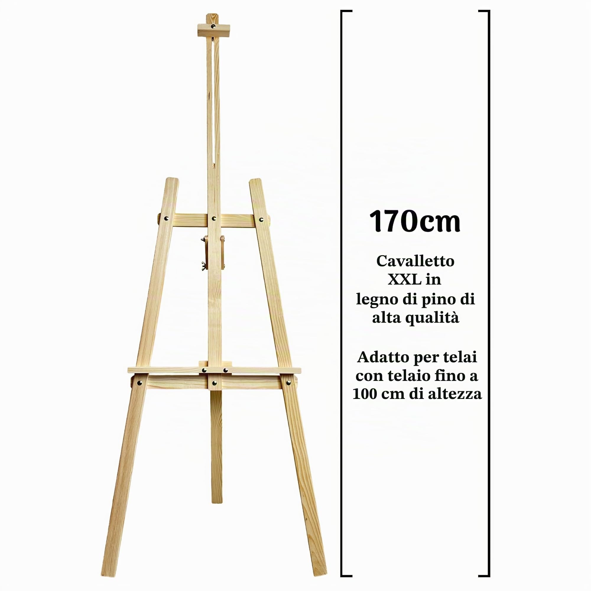 Cavalletto XXL in legno di pino Grande 170 cm per tela fino a 100 cm. Adatto per bambini e adulti. Regolabile per matrimoni, eventi, pittura, mostre, pubblicità all'aperto
