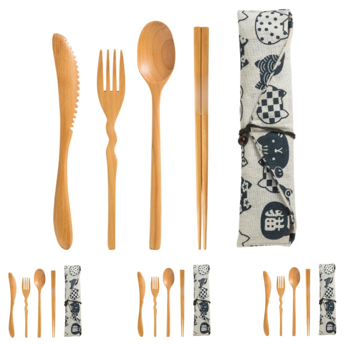 Holzbesteck Set Tragbares 4 Teiliges Set Aus Holz Messer Essstäbchen Gabel Löffel Langer Griff Wiederverwendbar Naturholzfarbe