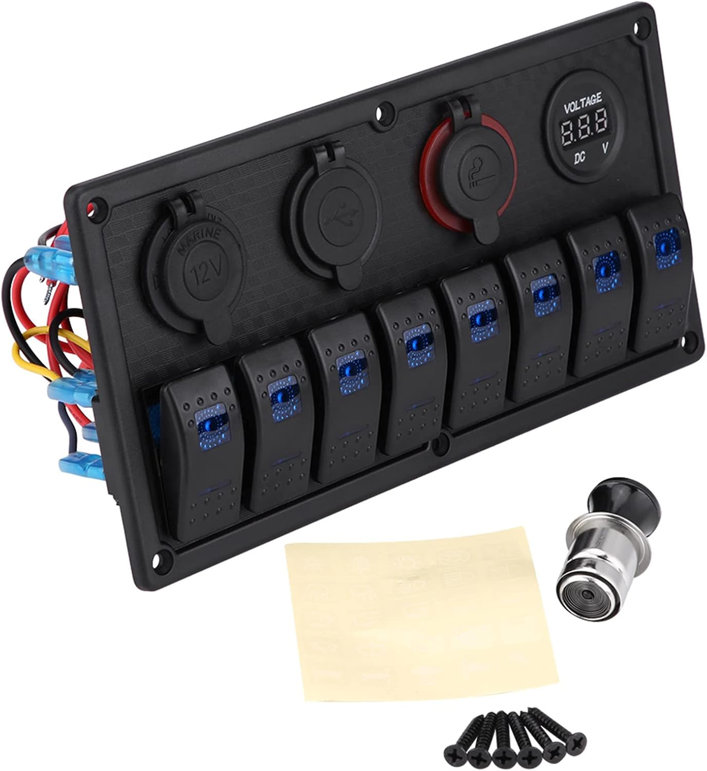 Marine Switch Panel, 8 Gang Rocker Switch Panel 12V 24V IP68 Car Boat LED Rocker Switch Control Panel Dual USB + Digital Voltmeter + Cigarette Lighter for Automotive RV Vehicles