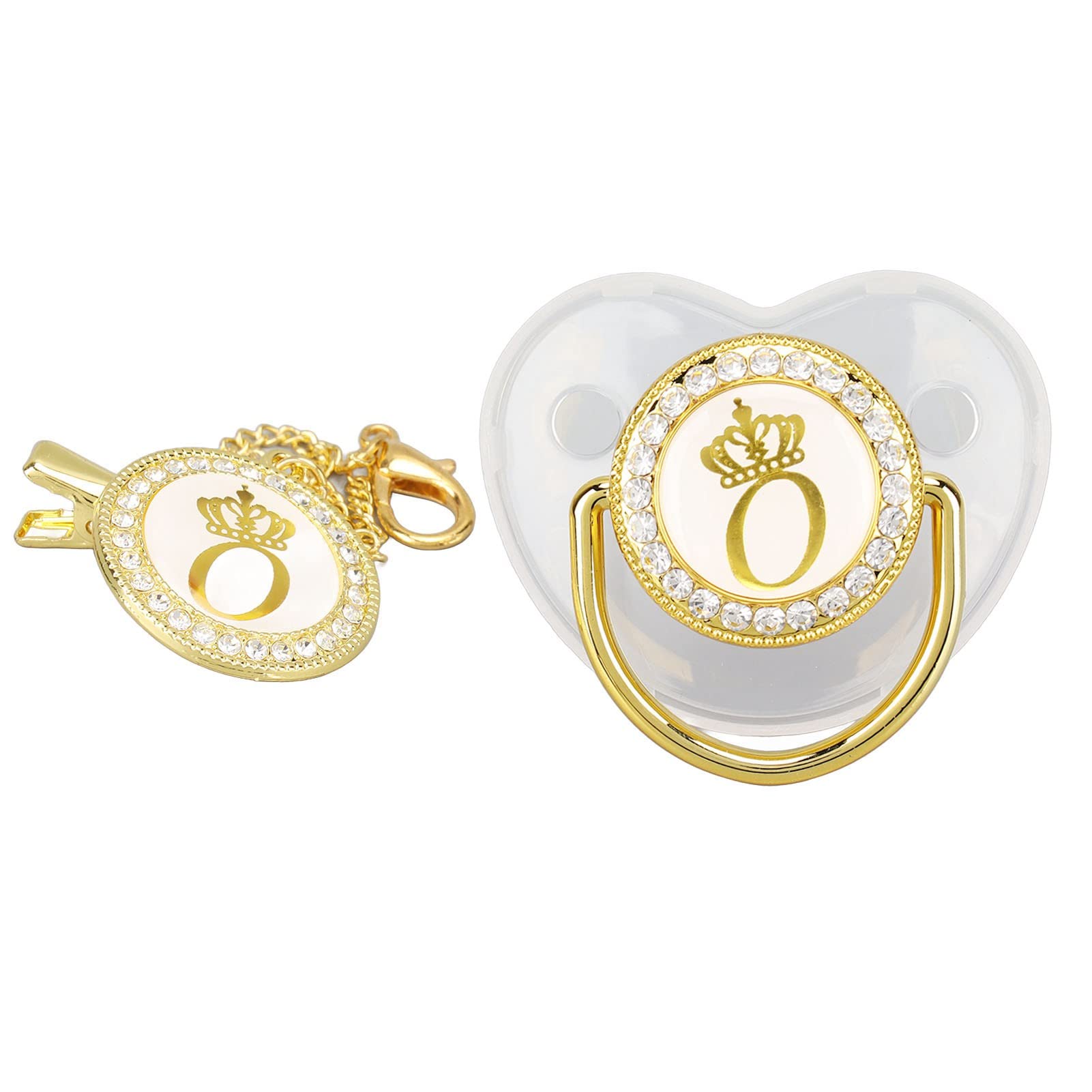 Focket Pacifier Clips Baby Girl, 26 Letter Rhinestone Baby Pacifier with Name Initial Letter, Curved Bling Pacifier for Girl, Newborn Baby Girl Pacifiers Clips, Baby Shower Birthday Gifts (O)