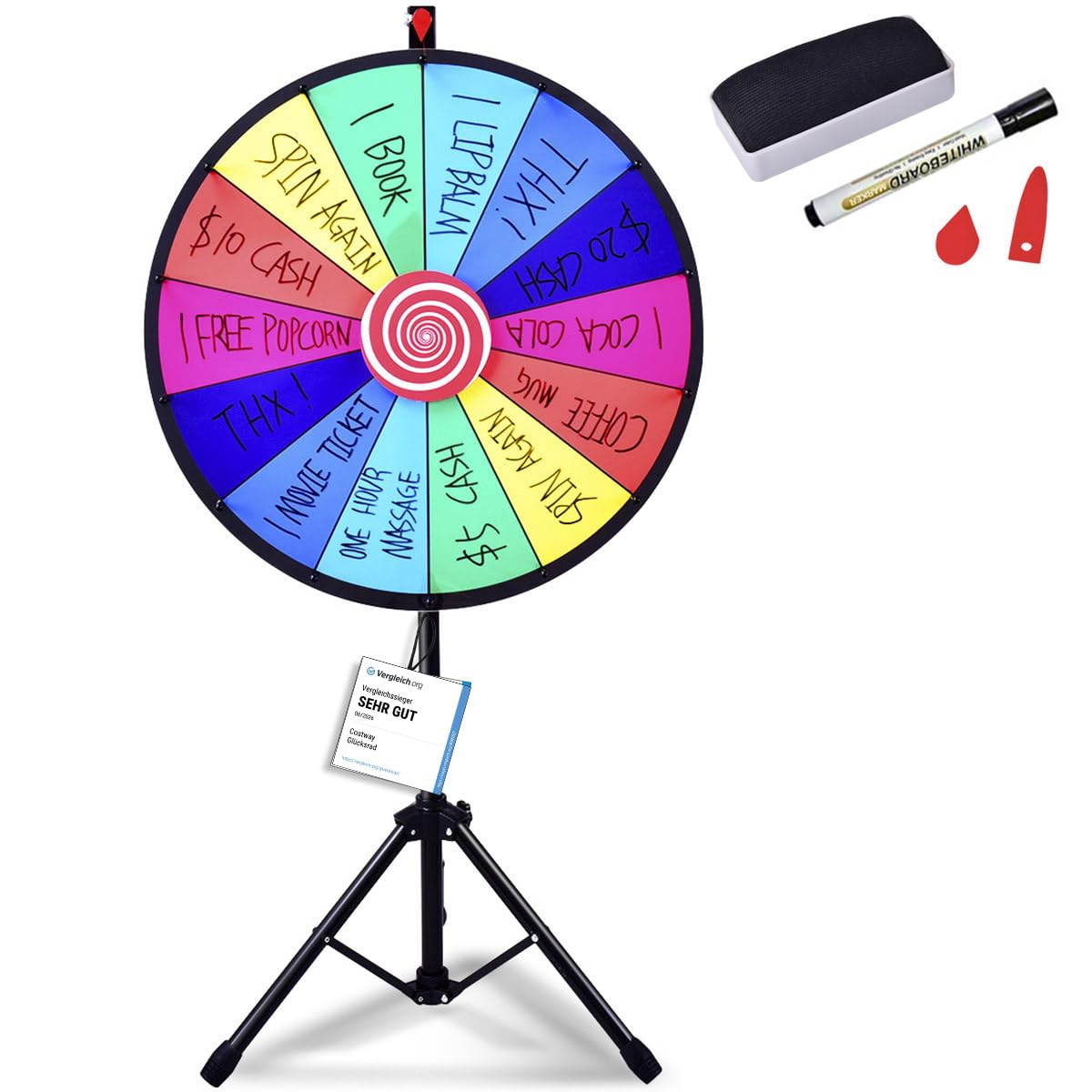COSTWAY Roue de Prix, Prize Wheel de 60 cm, Roue de la Fortune 24 Pouces avec Trépied 14 Slot Roue de Loterie avec Stylo Effaçable…
