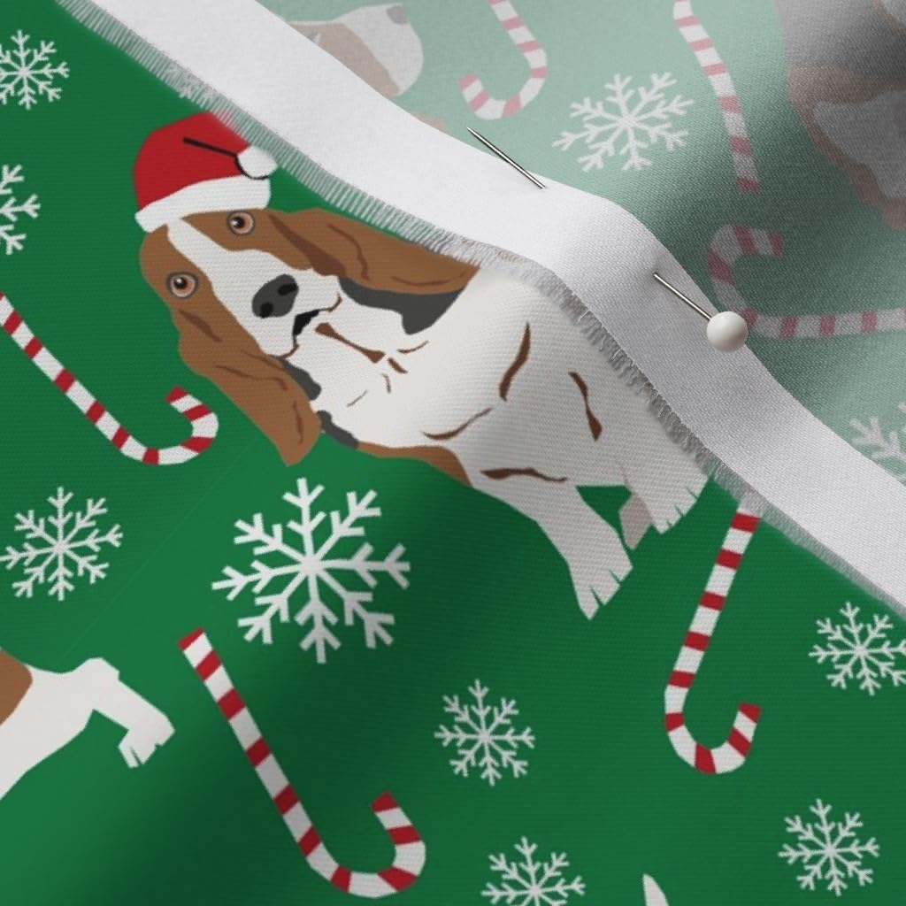 Spoonflower Fabric - Basset Hound Candy Canes Winter Snowflakes Dogs Green Christmas Puppy Printed on Organic Cotton Sateen Fabric by The Yard - Sewing Quilting Apparel Home Decor