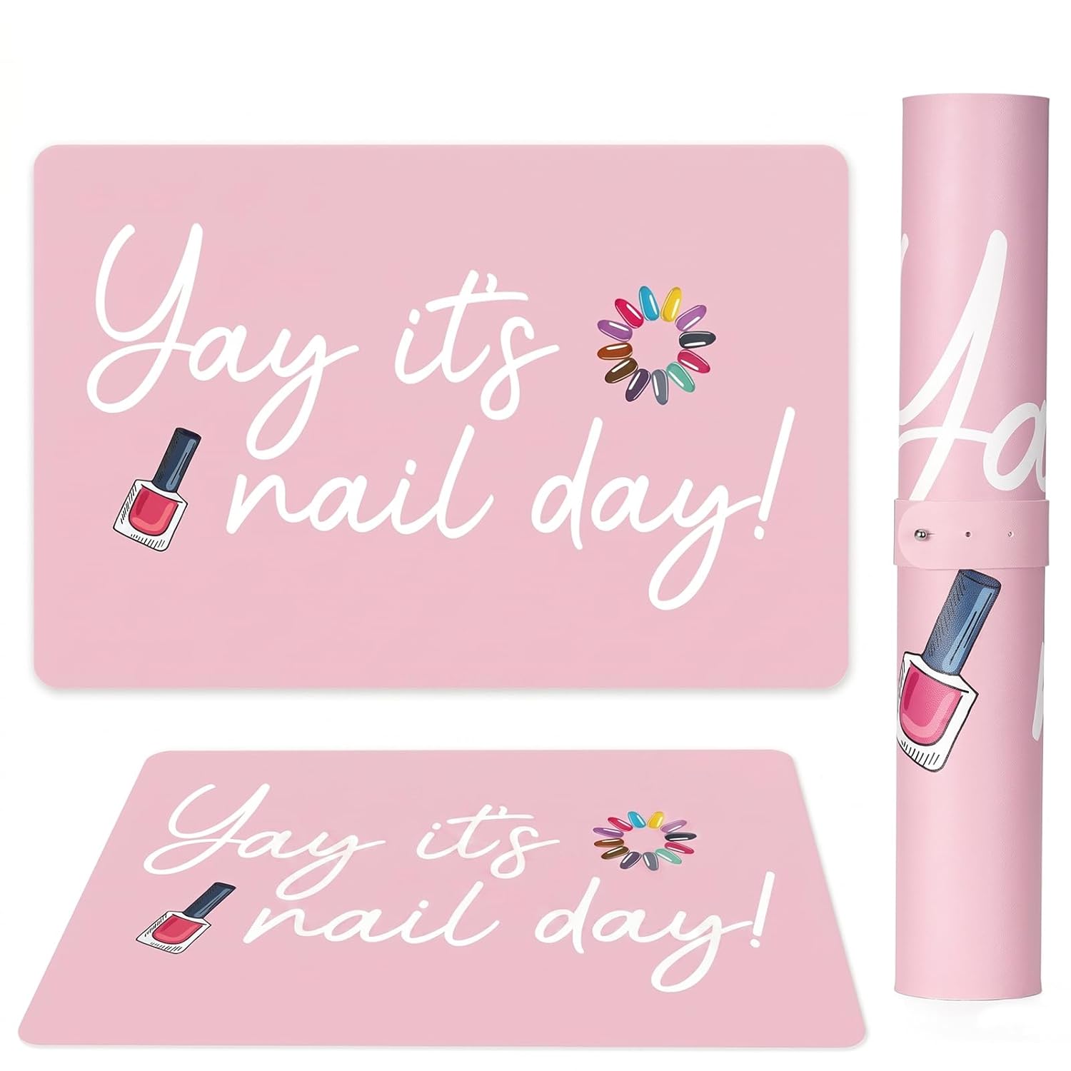 "Yay It's Nail Day" PU Leather Nail Art Table Mat (Mat Only) – Reversible Manicure Desk Protector & Arm Rest Pad for Acrylic Nails, Nail Techs, and Home Salons