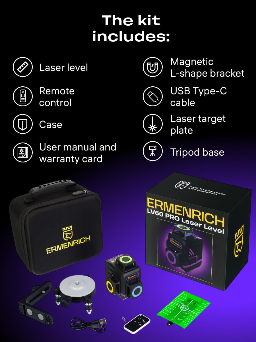 PRO LV60 Livella Laser Autolivellante 12 Linee 3x360° Laser Verde | con Telecomando Base Treppiede Supporto Magnetico e Rotante Batteria Ricaricabile IP54 Impermeabile Piastra Target Borsa