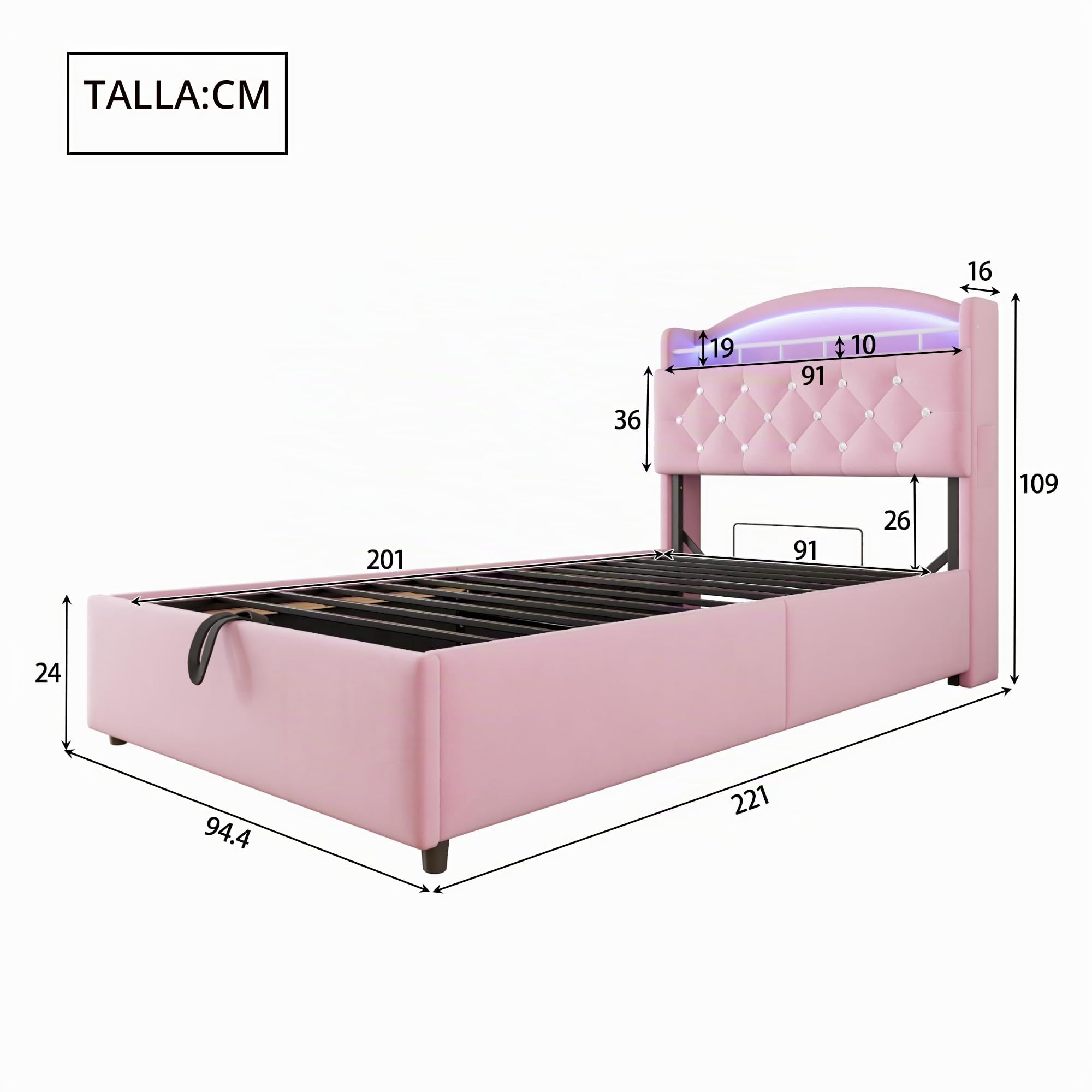 Cama 90x200 cm Camas Infantiles con USB y Cabecero de Almacenamiento, Cama Tapizada Cama Individual con LED y Almacenaje Hidráulico, Camas Individuales Juveniles, Terciopelo, Sin Colchón, Rosa