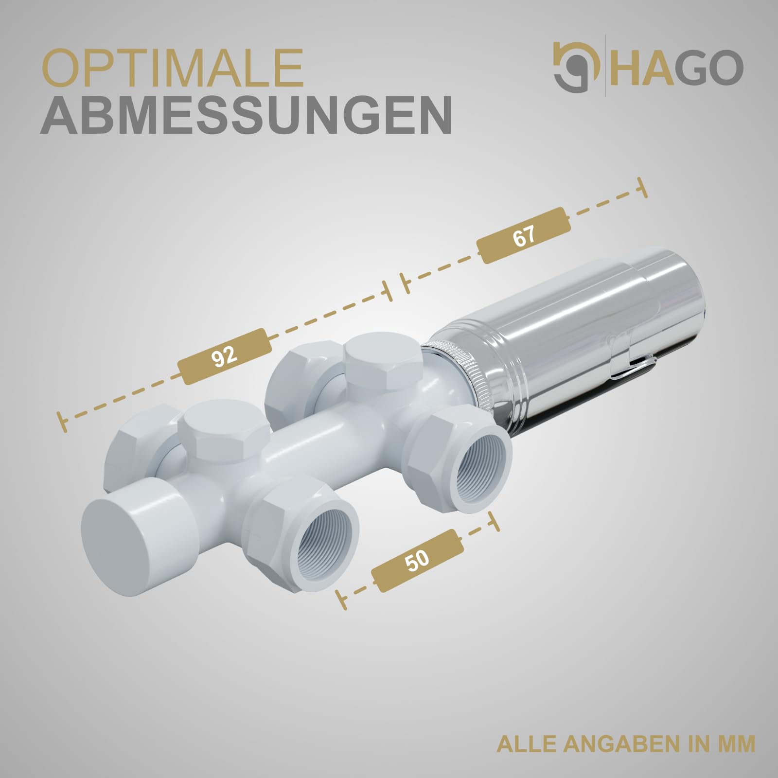 HAGO 24, valvola termostatica, termosifone, attacco centrale da 50 mm, universale, bianco, forma angolare, forma passante, sensore idrosensore, protezione antigelo, 5 livelli