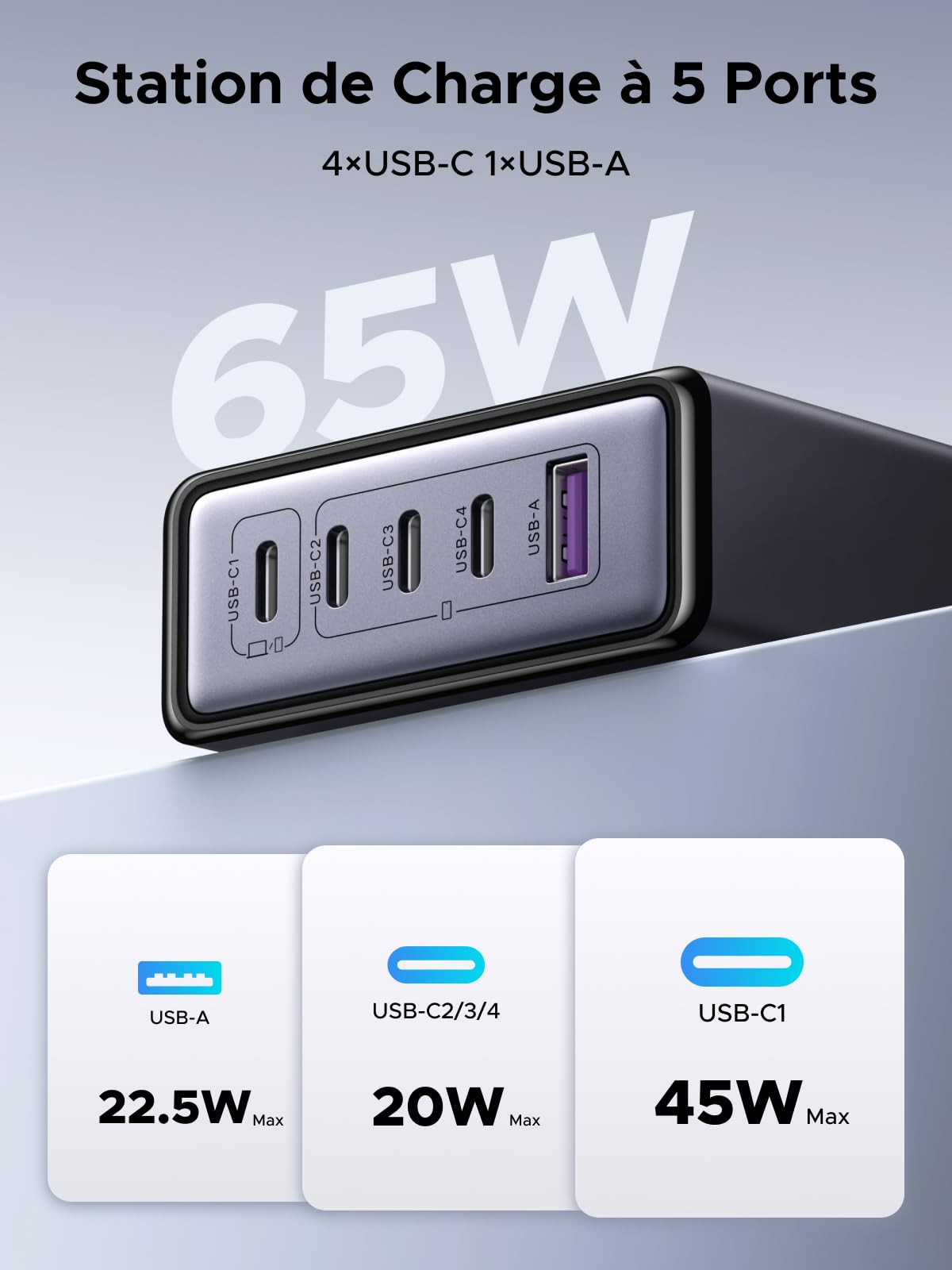 UGREEN Zapix 65W 5 Ports Chargeur USB C Rapide Bureau GaN Compatible avec iPhone 17 Pro Max Air 16 Plus 15 14 13 12 iPad Mini MacBook Pro Air Neo Galaxy S26 S25 S24 S23 2M Câble Alimentation Inclus