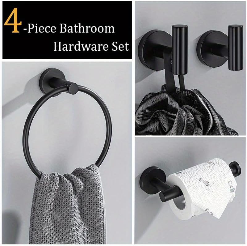 Stainless Steel Towel Ring Set, Stainless Steel Bathroom Towel Rod Set, Toilet Paper Rack, Towel Rack, Bathroom (Black)