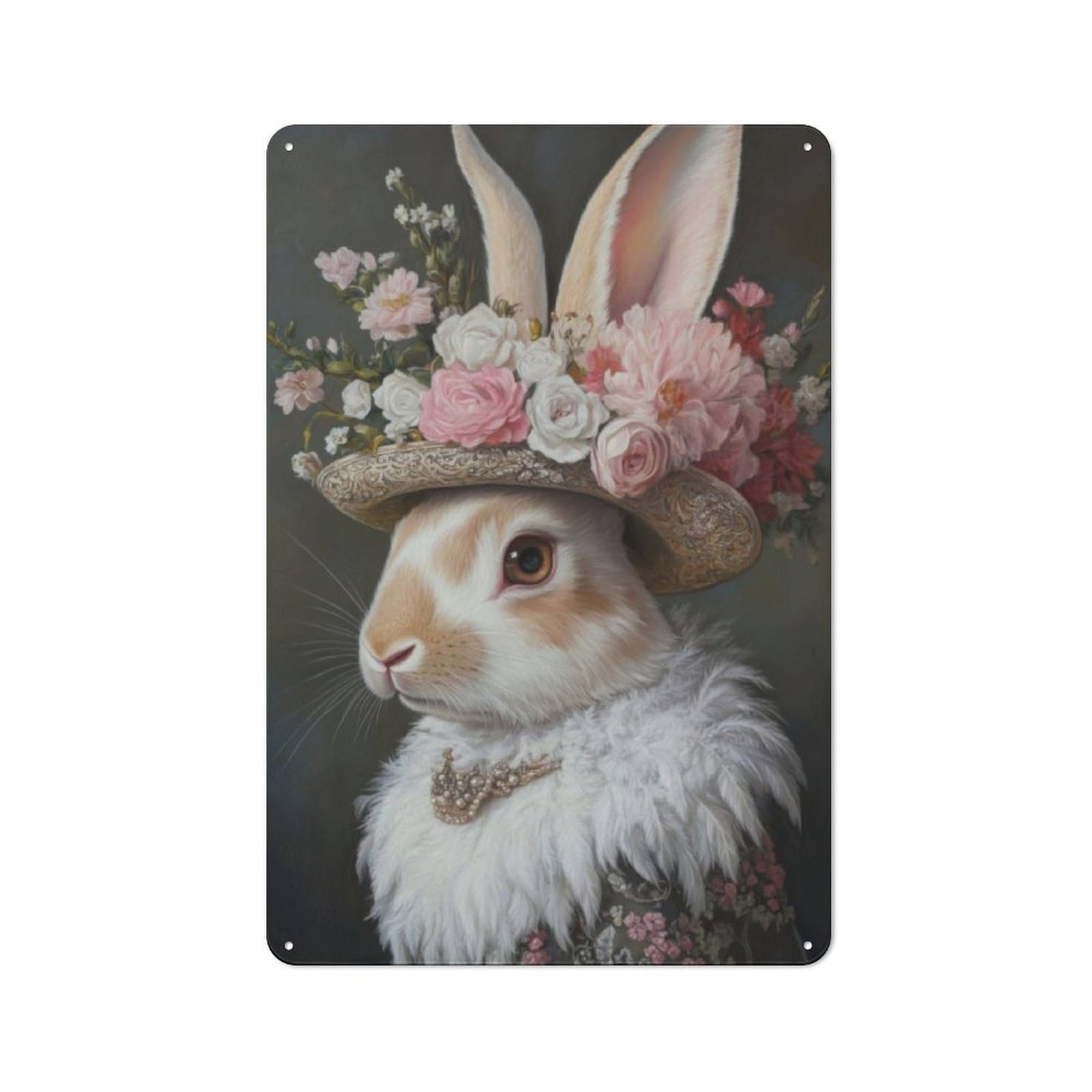 Junmoney Rabbit In A Floral Hat Retro-Style Metal Plaque 30X20cm For Garage Or Workshop, For Garage, Workshop And Man Cave Decoration