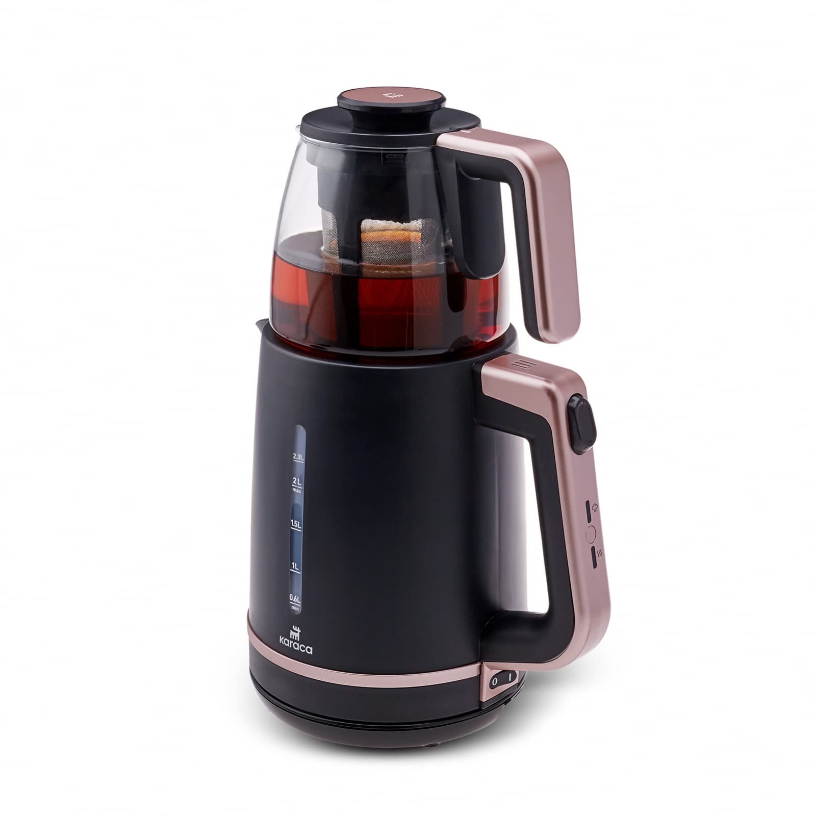 Karaca Maxi Tea XL 2-in-1 Teezubereiter mit Glasteekanne & Wasserkocher, Roseberry, 1,25L Teekanne, 2,3L Wassertank, 1700W, 360° drehbarer Sockel, Glas-Teesieb, Automatische Warmhaltefunktion