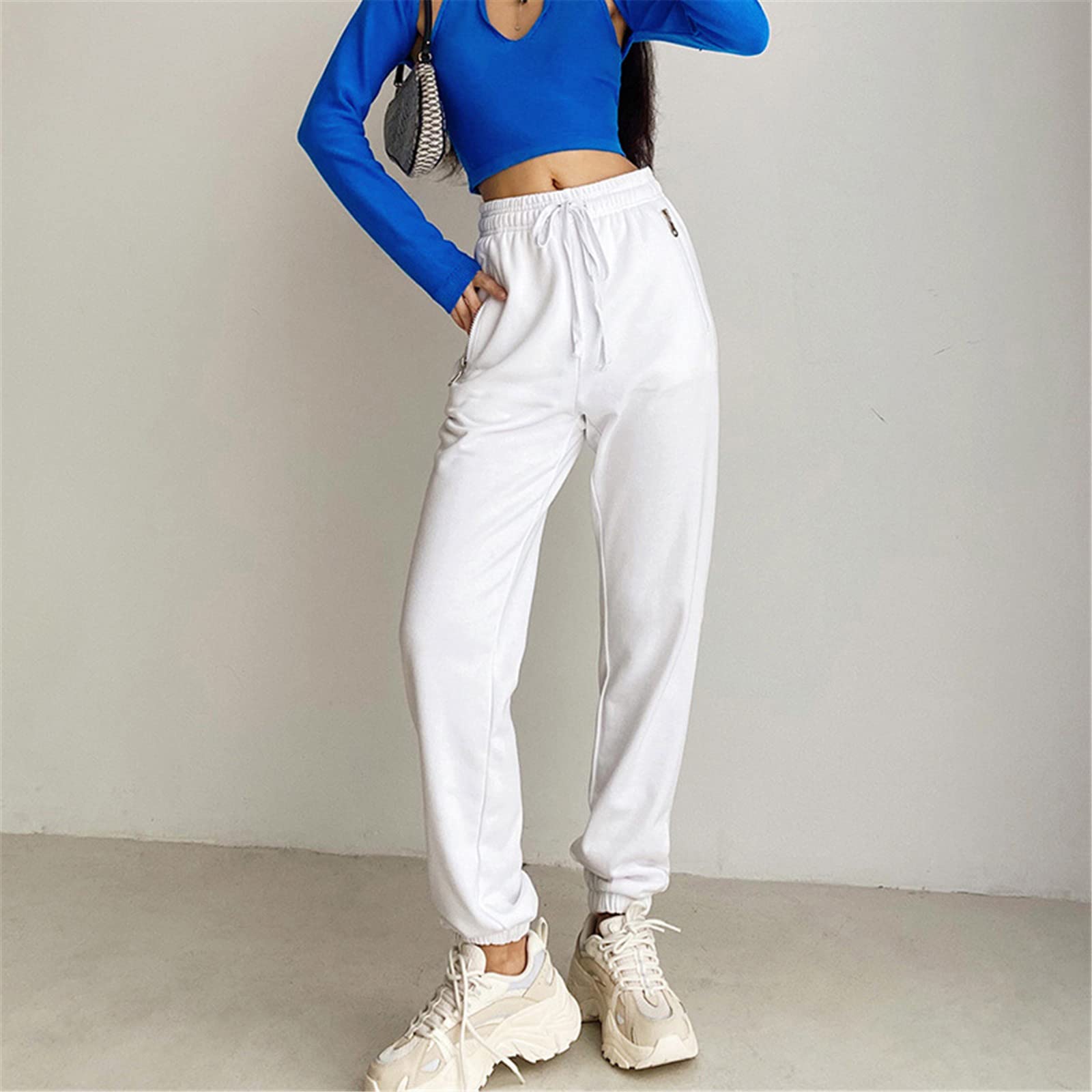 Pantaloni da donna con cerniera, orlo a costine, elastico in vita, con coulisse, con tasche, bianco, Large Lungo