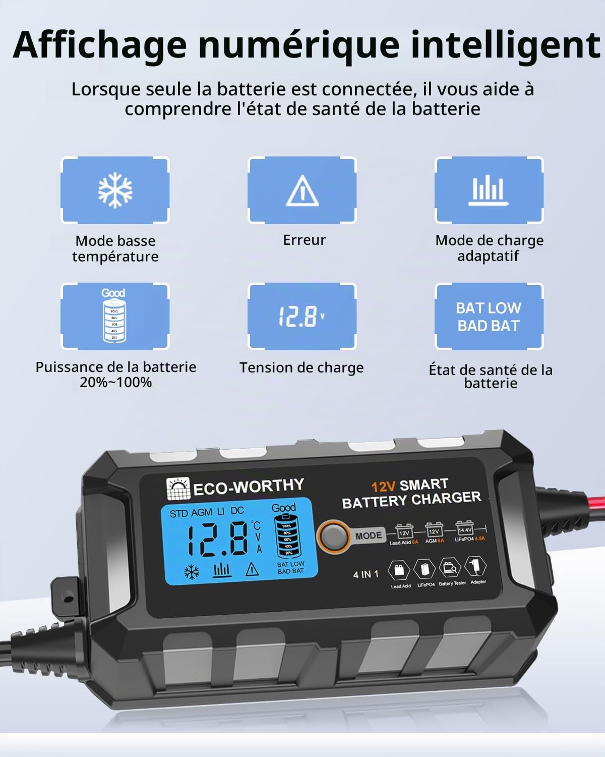 ECO-WORTHY Chargeur de batterie LiFePO4 au lithium 12 V 5 A (prise britannique) automatique intelligent et mainteneur avec écran LCD pour batterie au plomb et lithium (LiFePO4) scooter