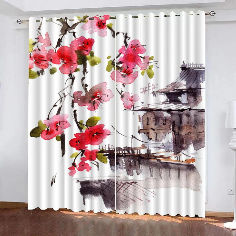 Rideaux occultants style japonais à motif floral rouge 140x260 cm