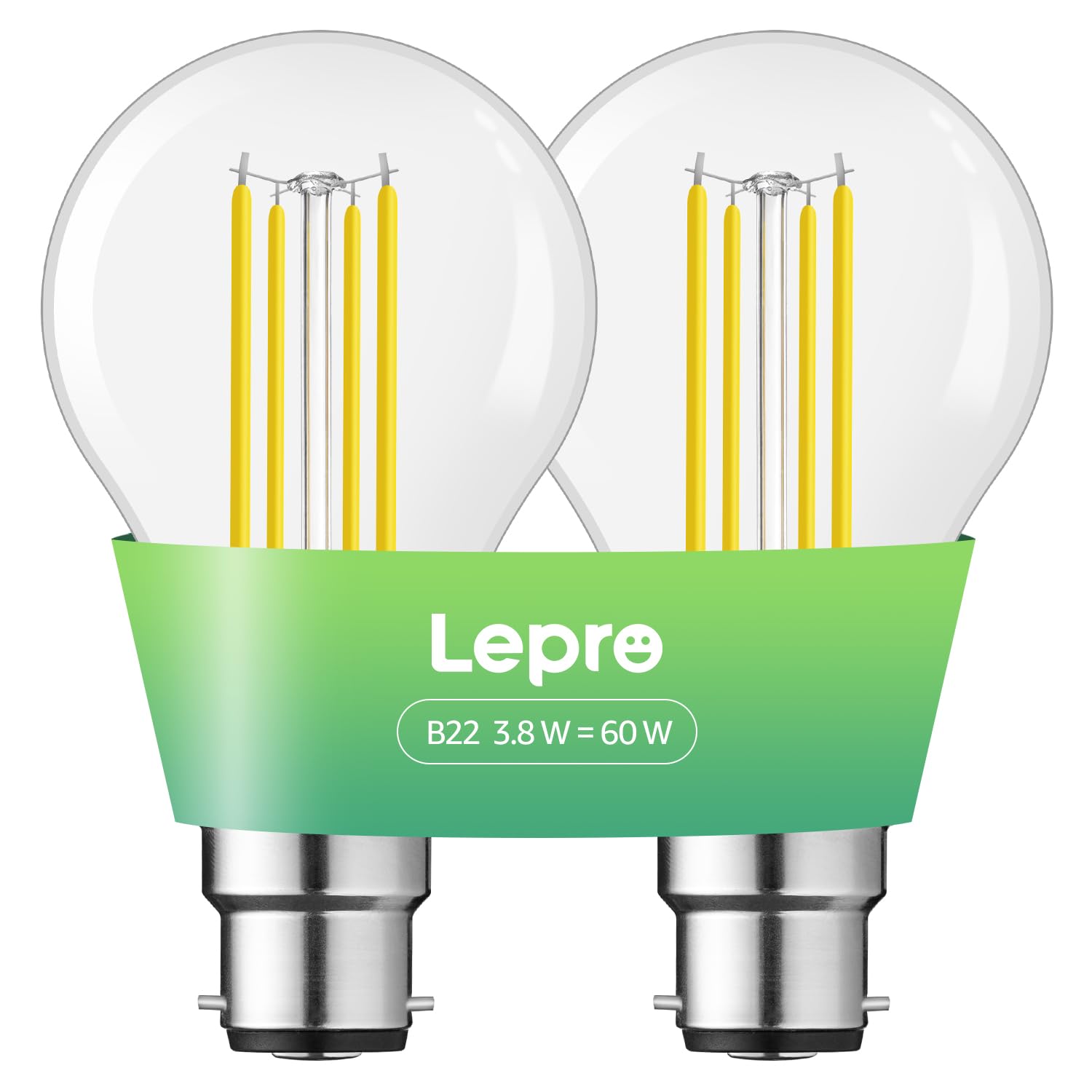 Lepro White B22 Bayonet Light Bulb, A-Rated Ultra-Efficient Led Bulb, 3.8W = 60W, 806Lm, 2700K Warm 50000H Lifespan, Clear Filament, Vintage Glass, Non-Dimmable, Pack Of 2