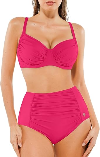 Popilush High Waisted Bikini Sets for Women 2 Piece Tummy Control Swimsuit | Built-in Underwire, Tummy Control Mesh Panel, Leopard Print, Ruched Design, Beach Outfits, Resort Wear, Cruise Essentials