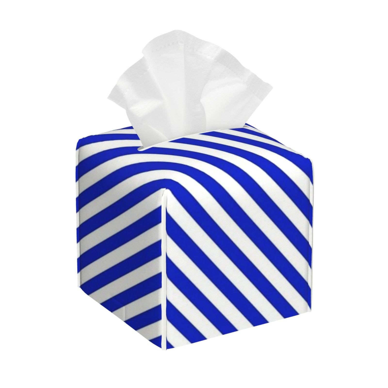 Blue and White Stripe Tissue Box Cover 5" Square Leather Tissue Holder Facial Tissue Case for Tabletop Bedroom Bathroom Desk Decor