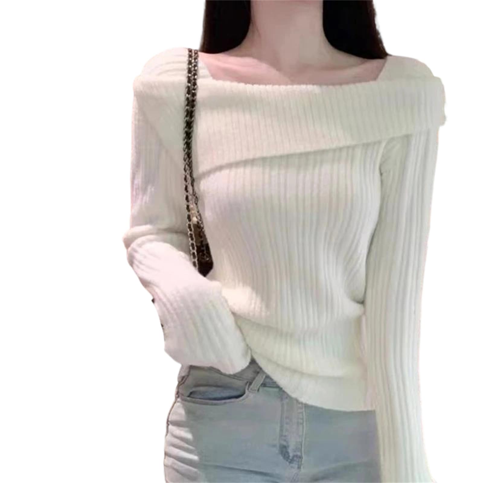 Womens Square Neck Pullover Elegant Knit Sweater Long Sleeve Casual Top